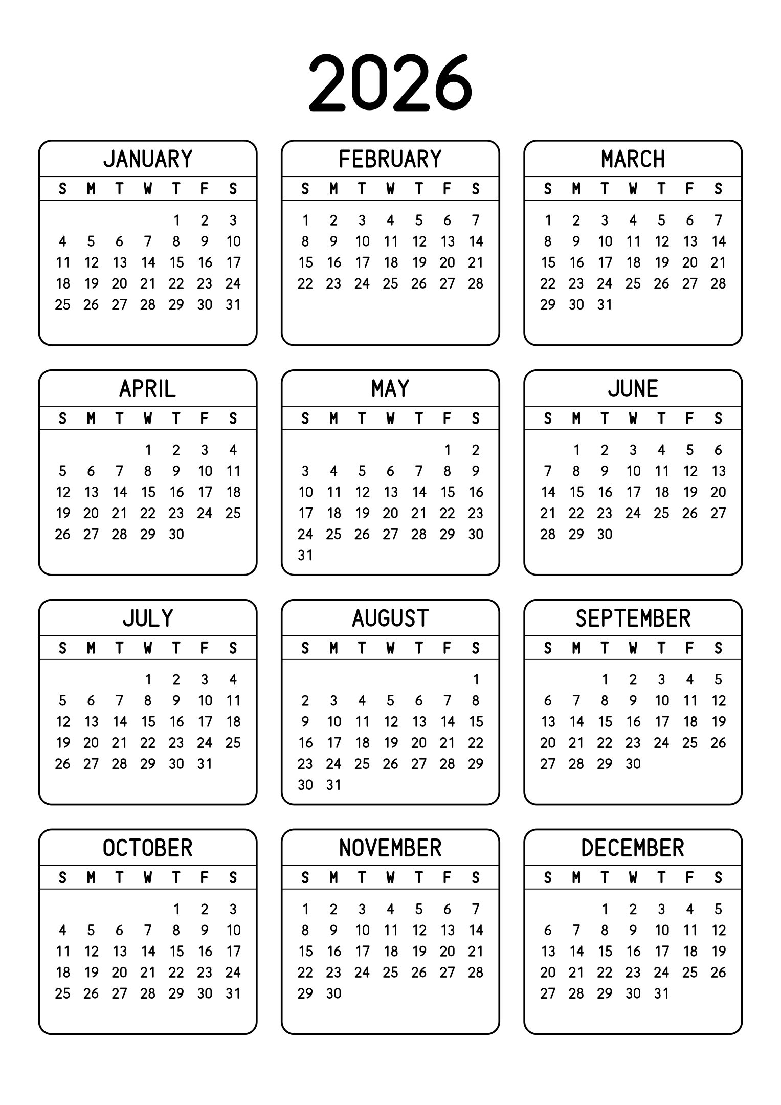 The twelve months of 2026 on one page, each month inside a rounded frame, three months across and four rows, read in portrait. Design: Framed, Vertical.