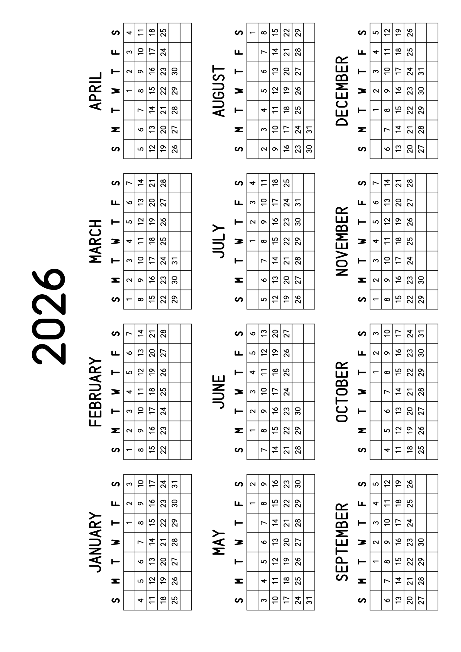 The twelve months of 2026 on one page, every day in its own cell, the weeks drawn as a grid, four months across and three rows, read in landscape once the sheet is turned. Design: Grid, Horizontal.