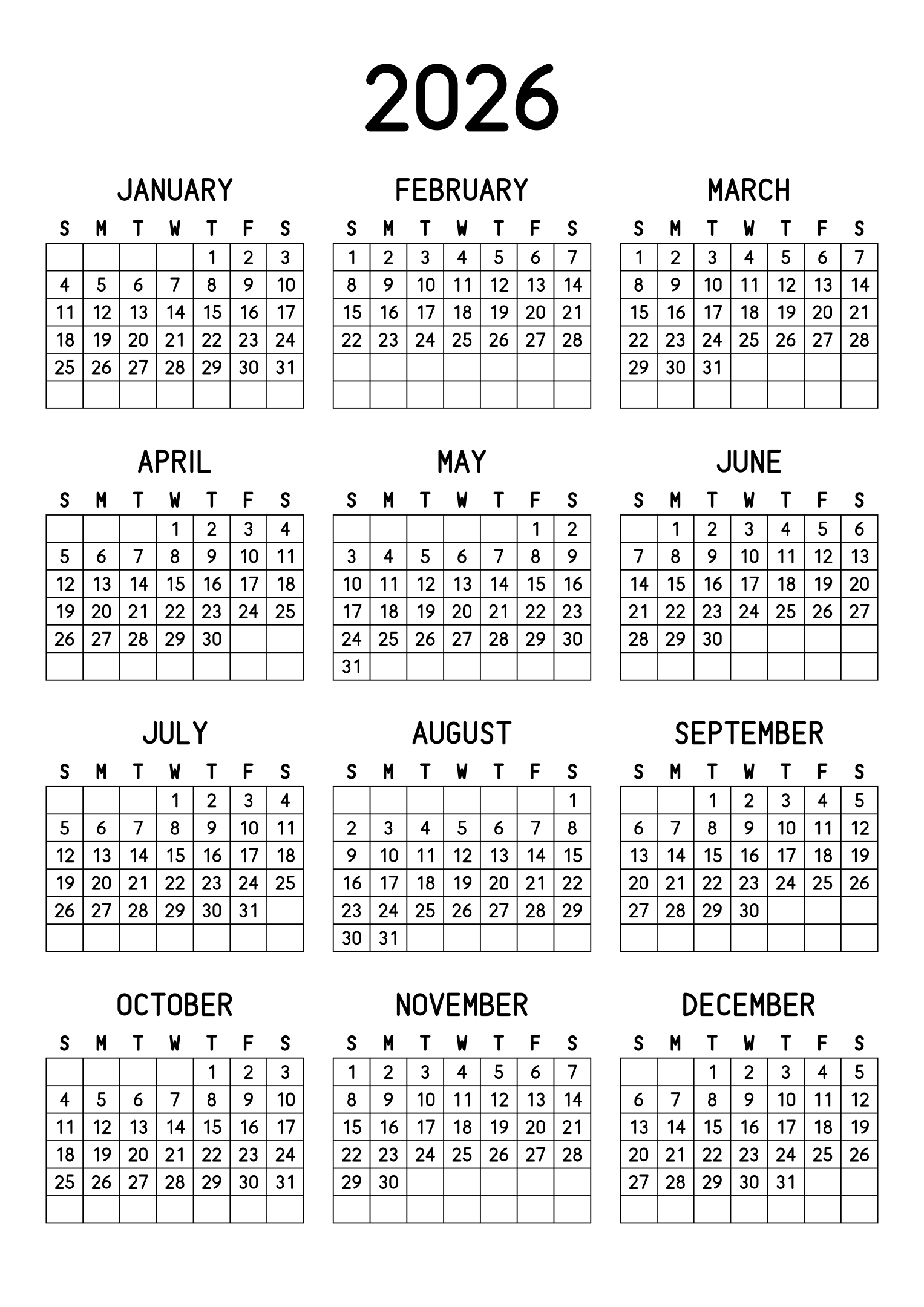 The twelve months of 2026 on one page, every day in its own cell, the weeks drawn as a grid, three months across and four rows, read in portrait. Design: Grid, Vertical.
