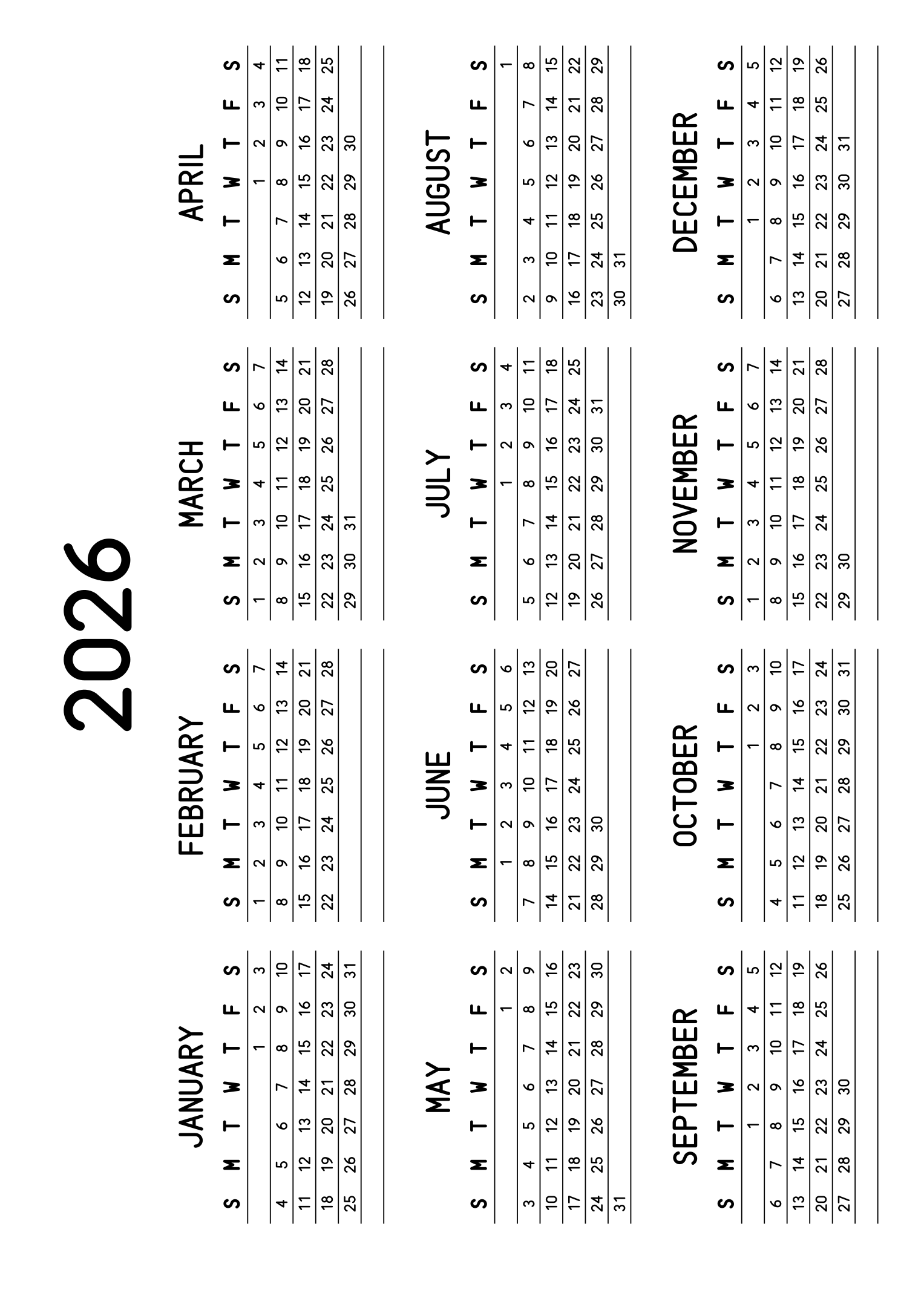 The twelve months of 2026 on one page, a fine line under each week, like a planner, four months across and three rows, read in landscape once the sheet is turned. Design: Lined, Horizontal.