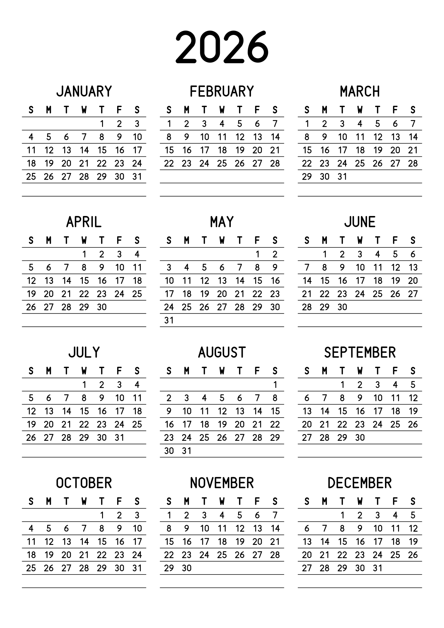 The twelve months of 2026 on one page, a fine line under each week, like a planner, three months across and four rows, read in portrait. Design: Lined, Vertical.