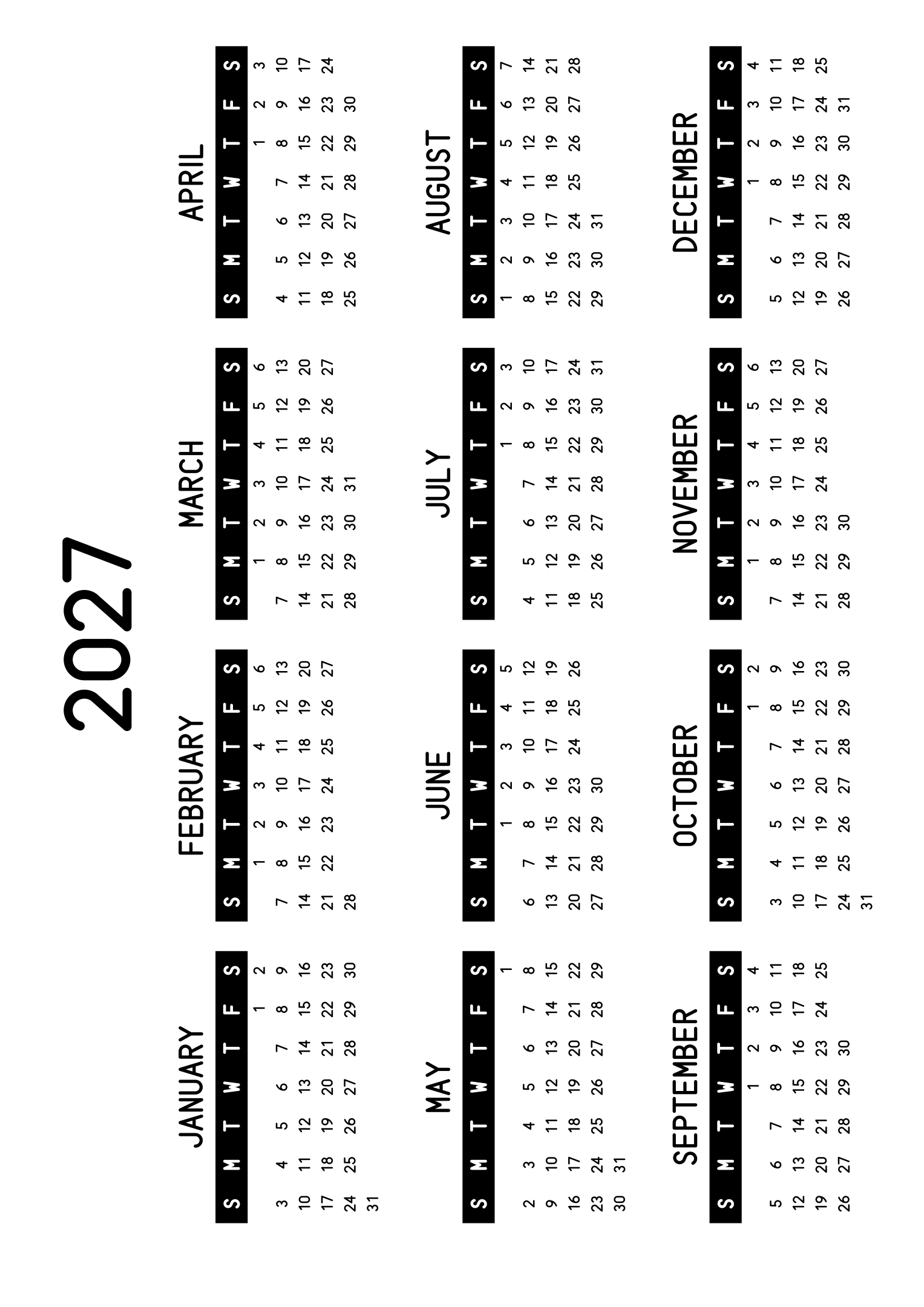 The twelve months of 2027 on one page, the days of the week in white on a black band, four months across and three rows, read in landscape once the sheet is turned. Design: Banded, Horizontal.