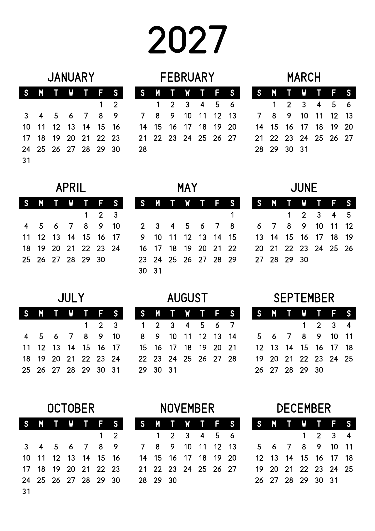 The twelve months of 2027 on one page, the days of the week in white on a black band, three months across and four rows, read in portrait. Design: Banded, Vertical.