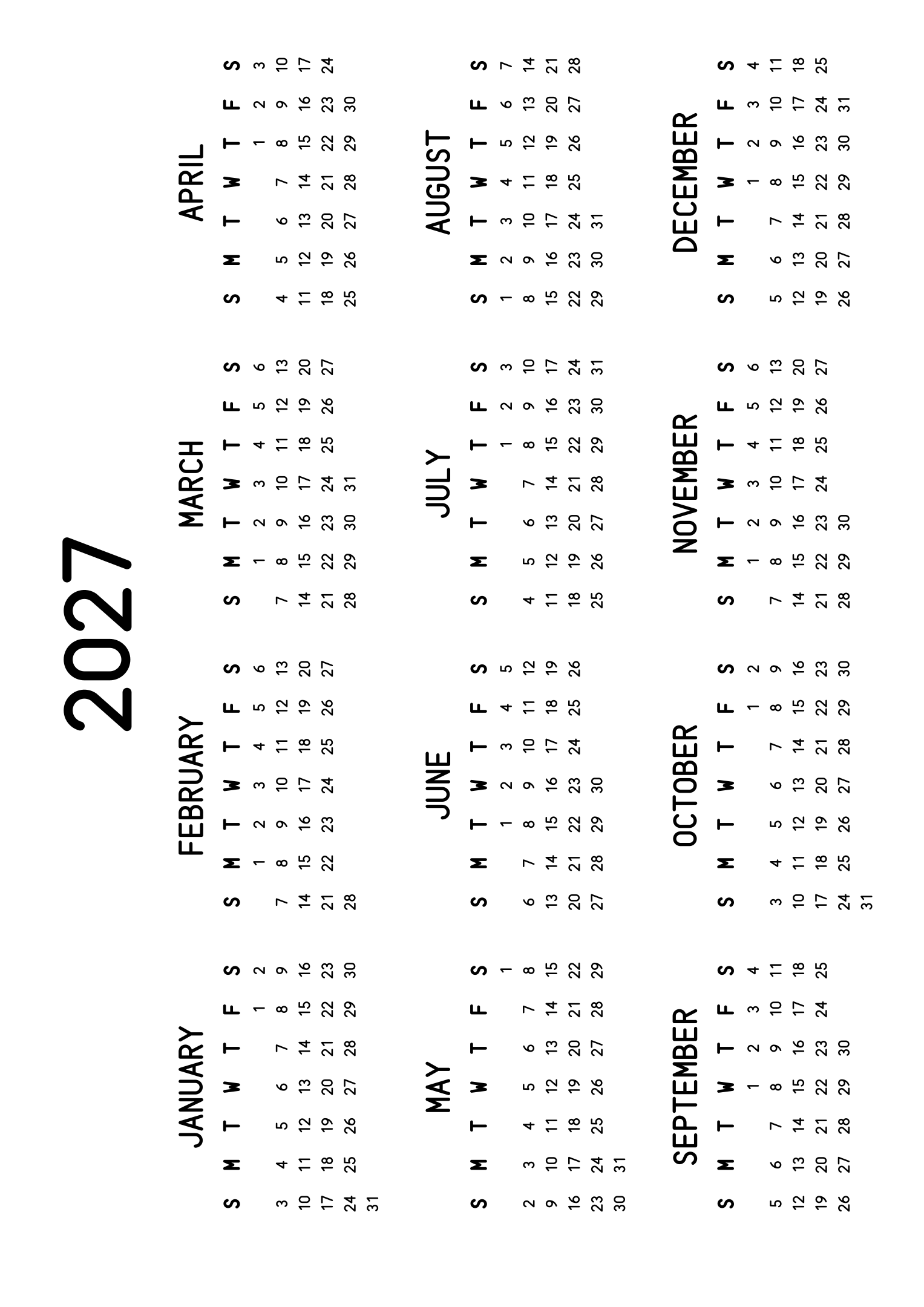 The twelve months of 2027 on one page, the dates set in clean rows, with no lines at all, four months across and three rows, read in landscape once the sheet is turned. Design: Classic, Horizontal.