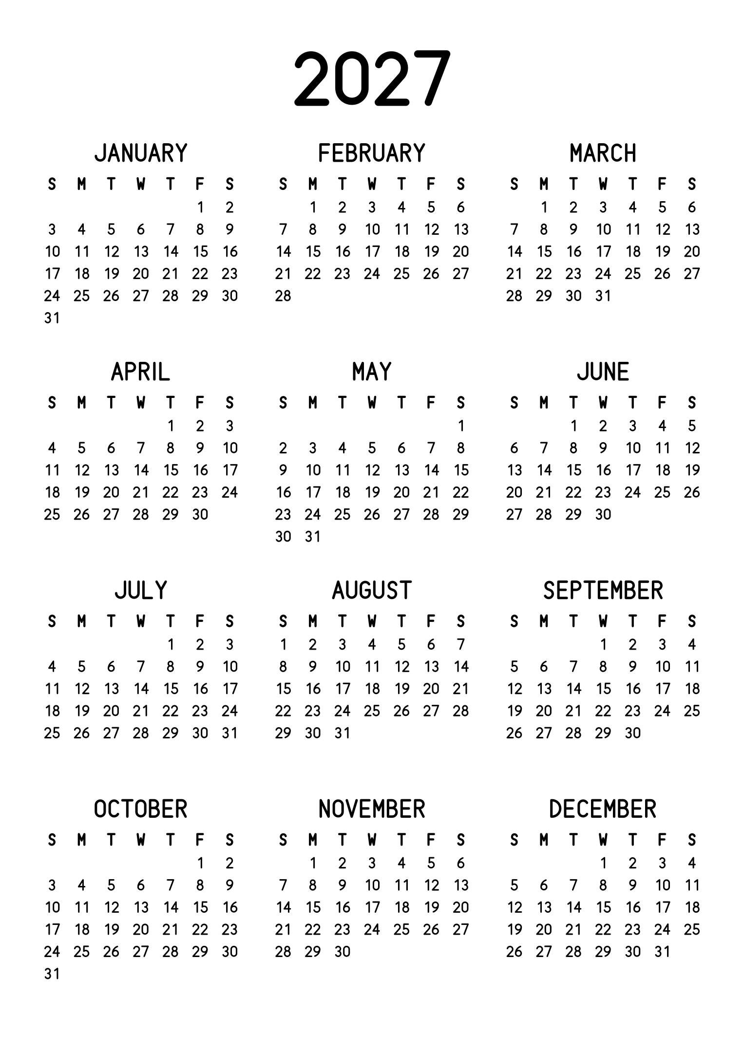 The twelve months of 2027 on one page, the dates set in clean rows, with no lines at all, three months across and four rows, read in portrait. Design: Classic, Vertical.