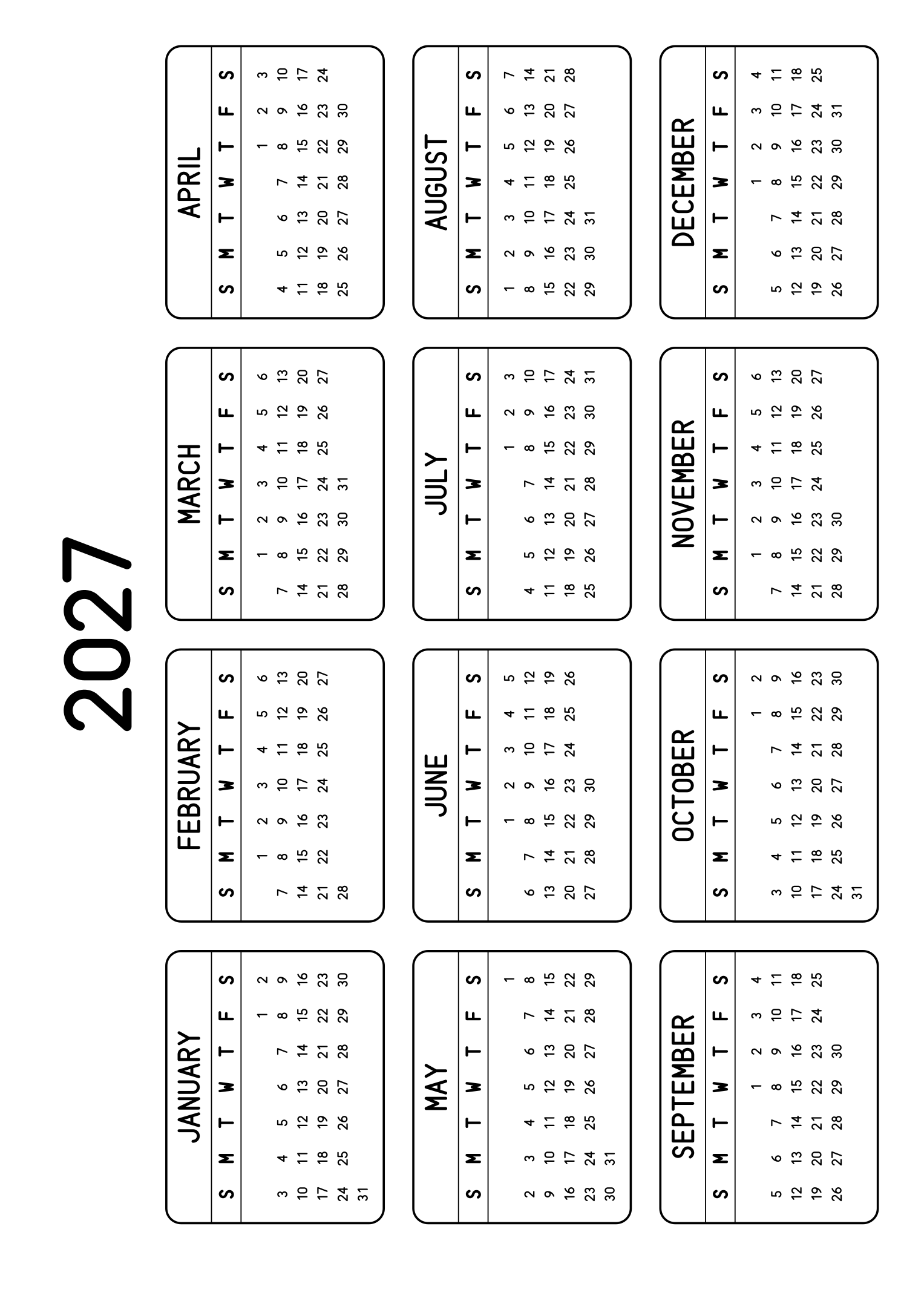 The twelve months of 2027 on one page, each month inside a rounded frame, four months across and three rows, read in landscape once the sheet is turned. Design: Framed, Horizontal.