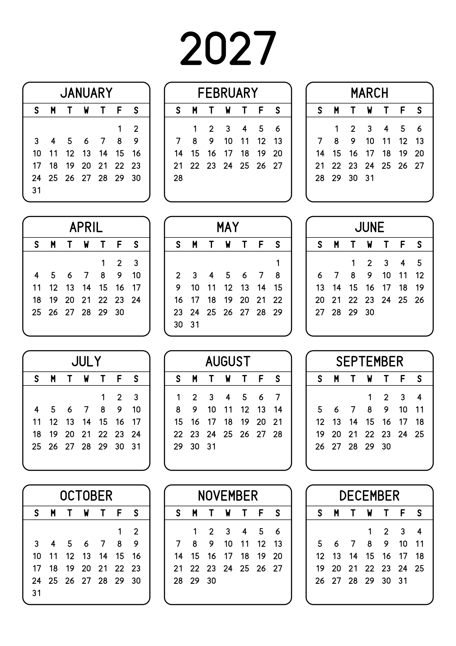 The twelve months of 2027 on one page, each month inside a rounded frame, three months across and four rows, read in portrait. Design: Framed, Vertical.