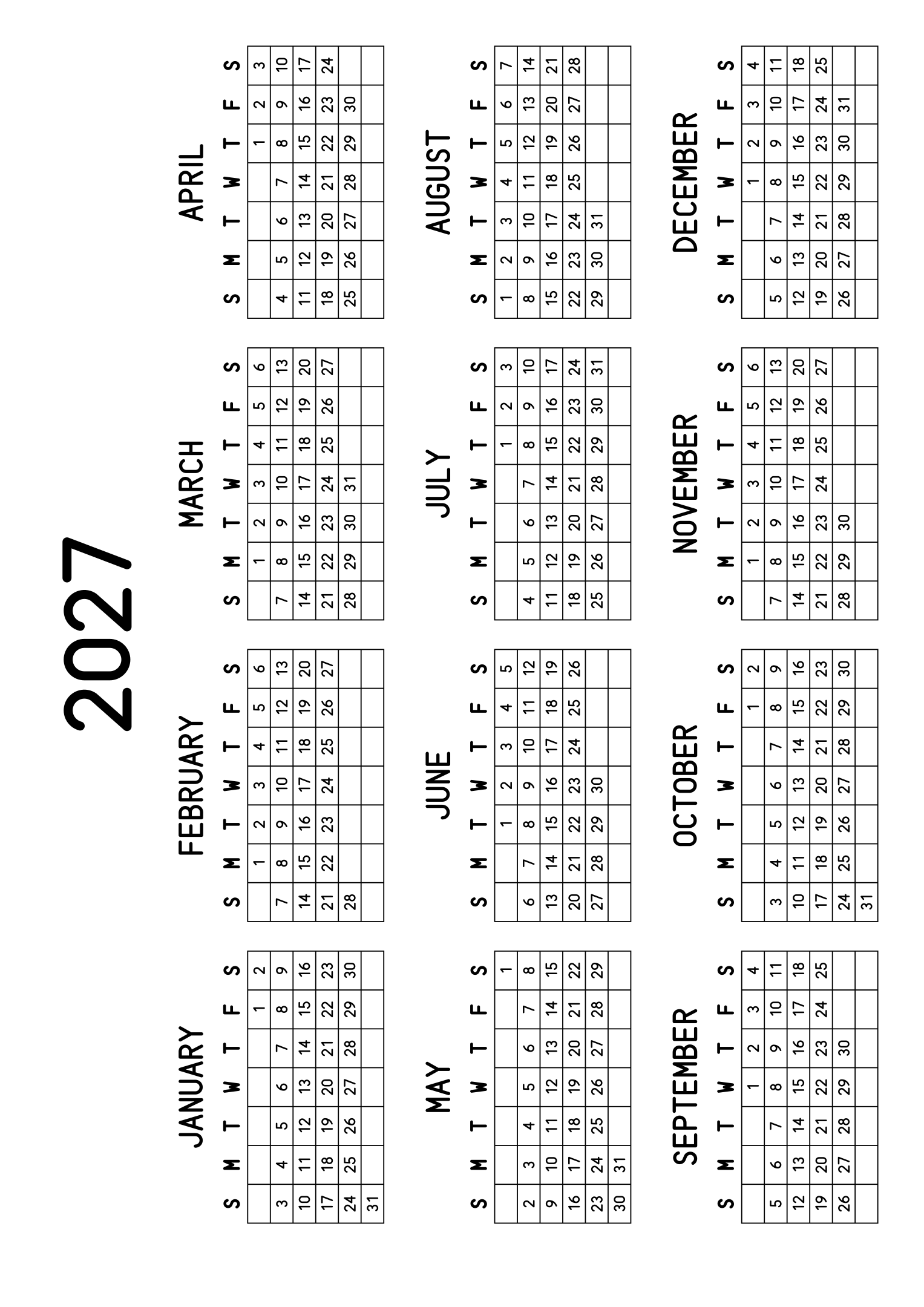 The twelve months of 2027 on one page, every day in its own cell, the weeks drawn as a grid, four months across and three rows, read in landscape once the sheet is turned. Design: Grid, Horizontal.