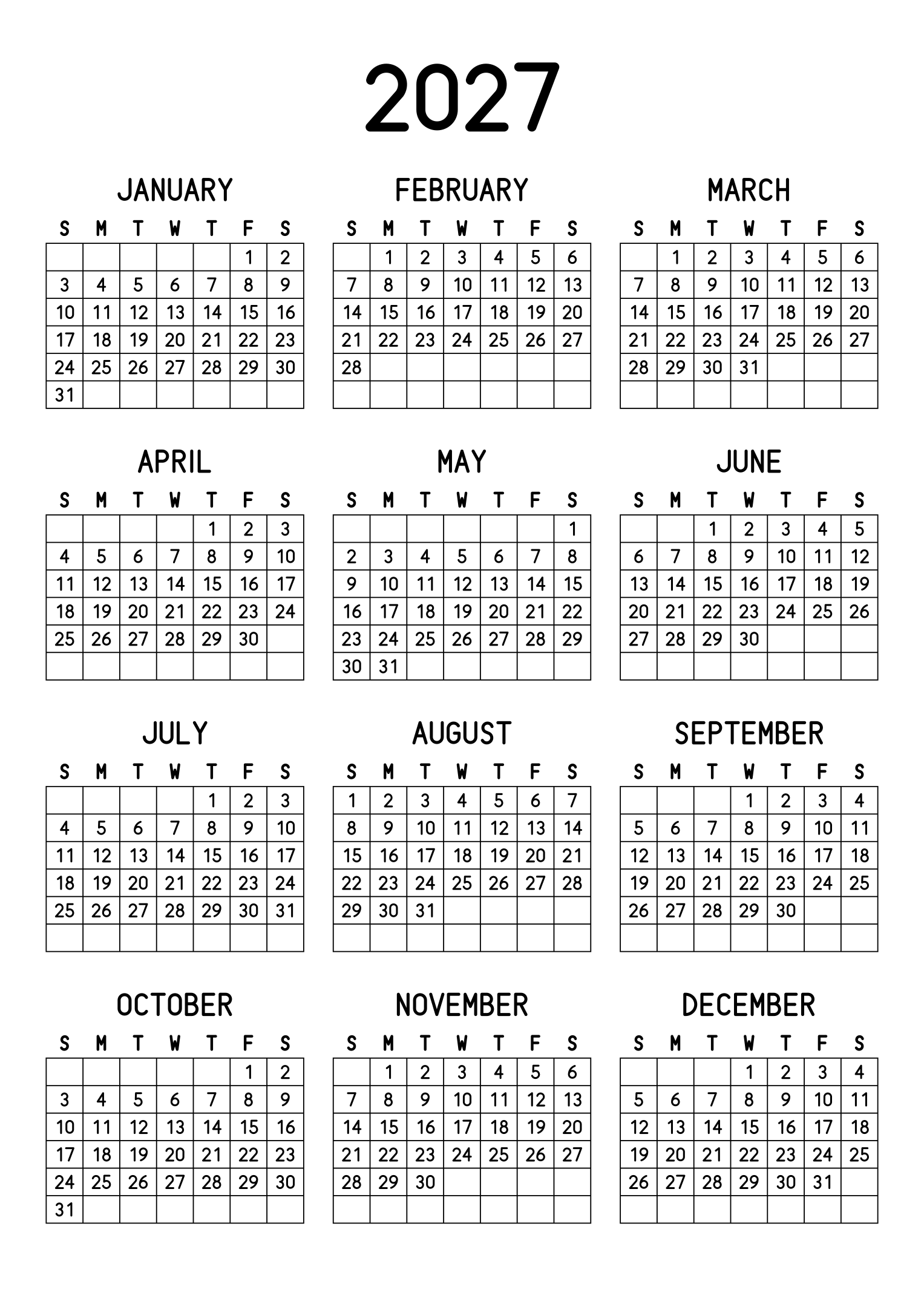 The twelve months of 2027 on one page, every day in its own cell, the weeks drawn as a grid, three months across and four rows, read in portrait. Design: Grid, Vertical.