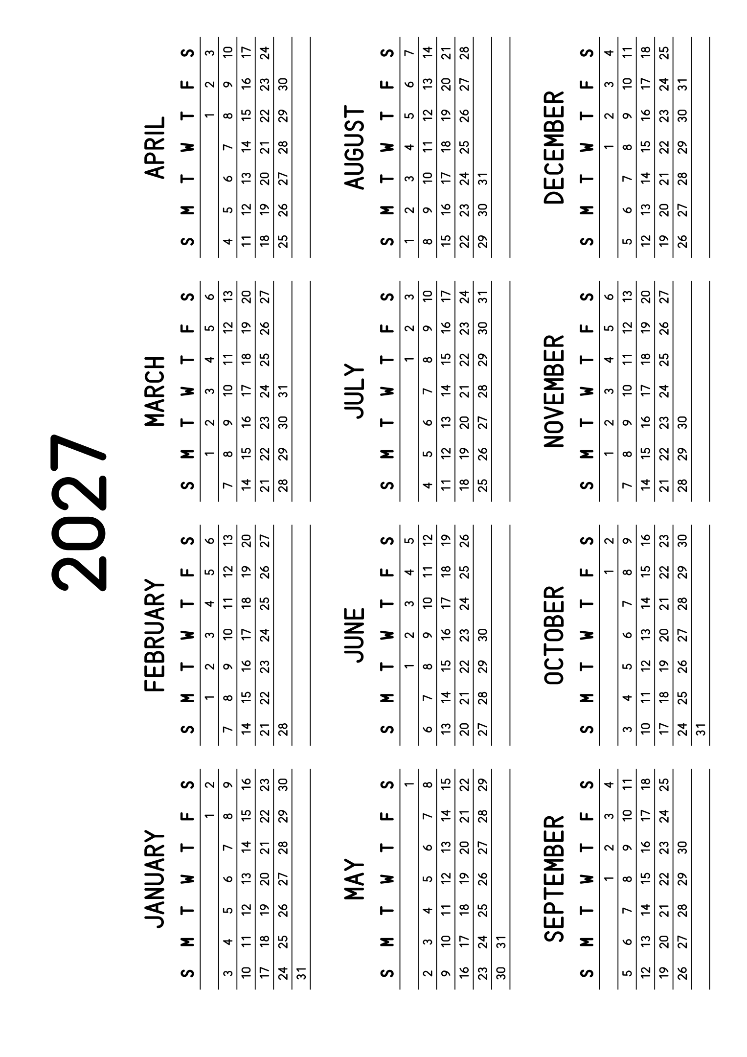 The twelve months of 2027 on one page, a fine line under each week, like a planner, four months across and three rows, read in landscape once the sheet is turned. Design: Lined, Horizontal.
