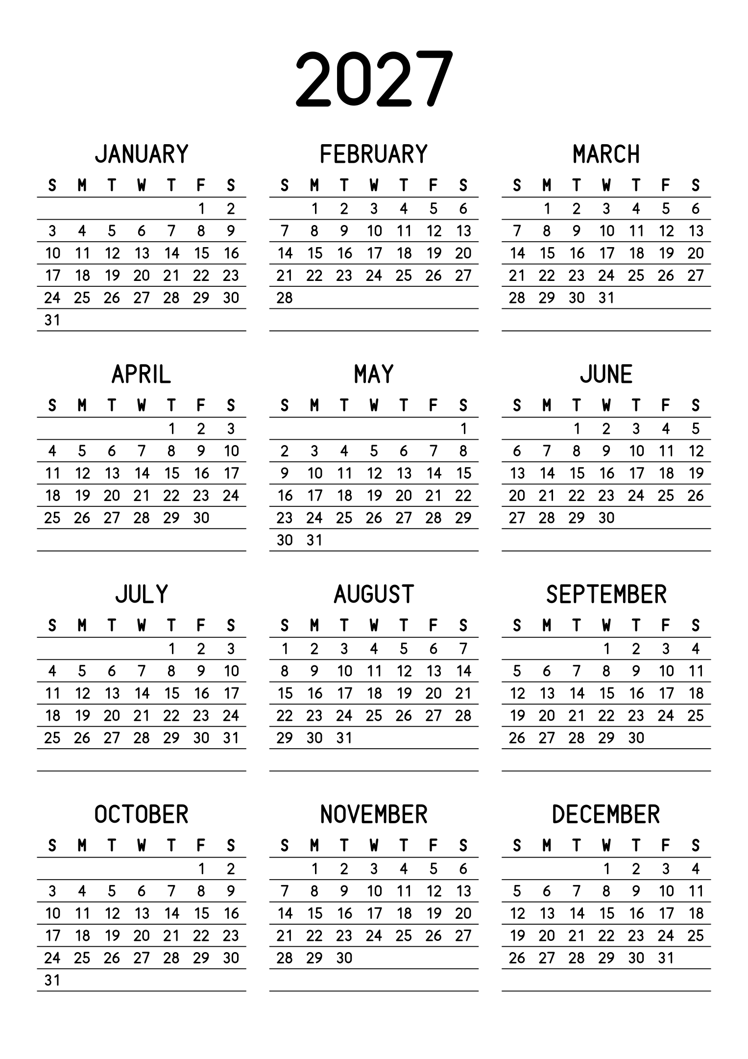 The twelve months of 2027 on one page, a fine line under each week, like a planner, three months across and four rows, read in portrait. Design: Lined, Vertical.