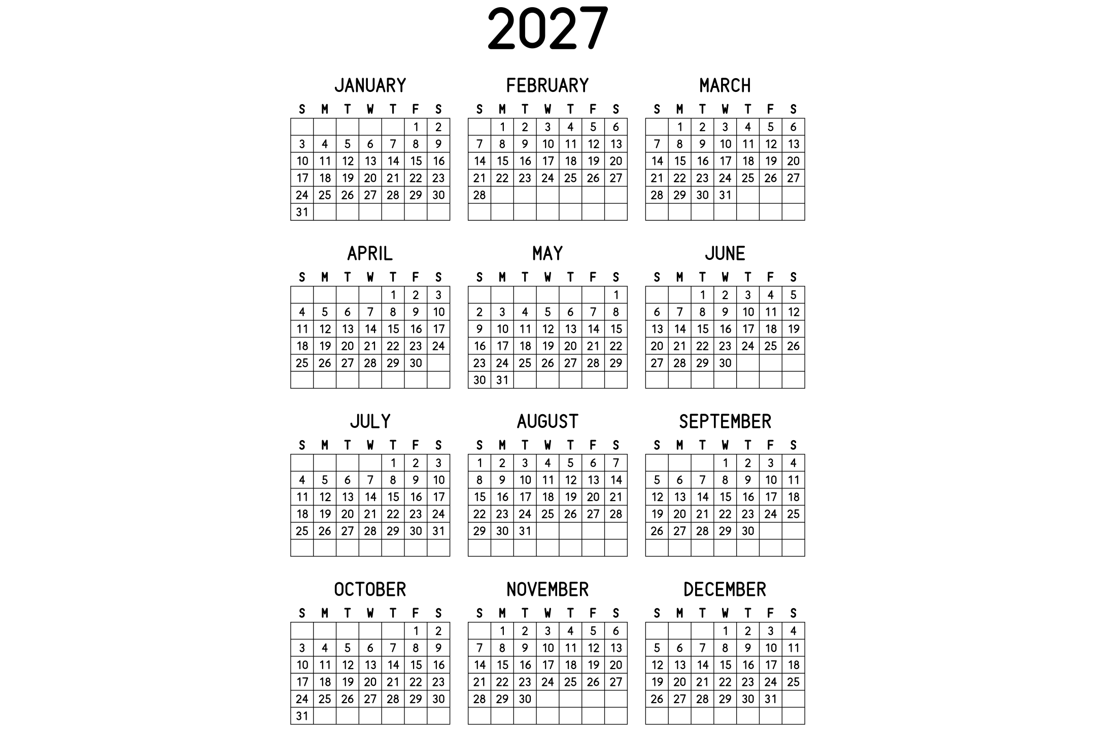 A printable 2027 calendar with the twelve months on one page, in black and white.