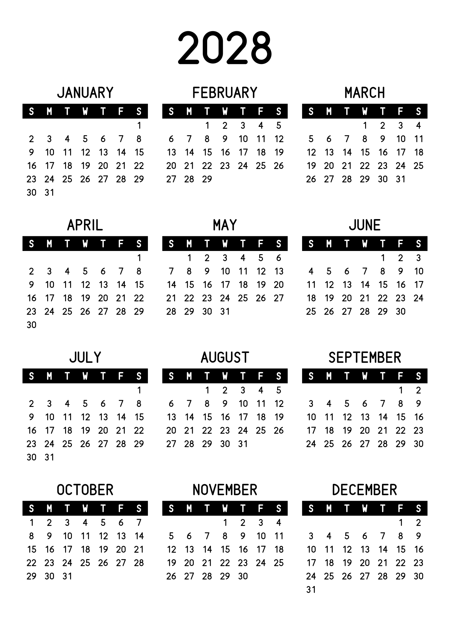 The twelve months of 2028 on one page, the days of the week in white on a black band, three months across and four rows, read in portrait. Design: Banded, Vertical.