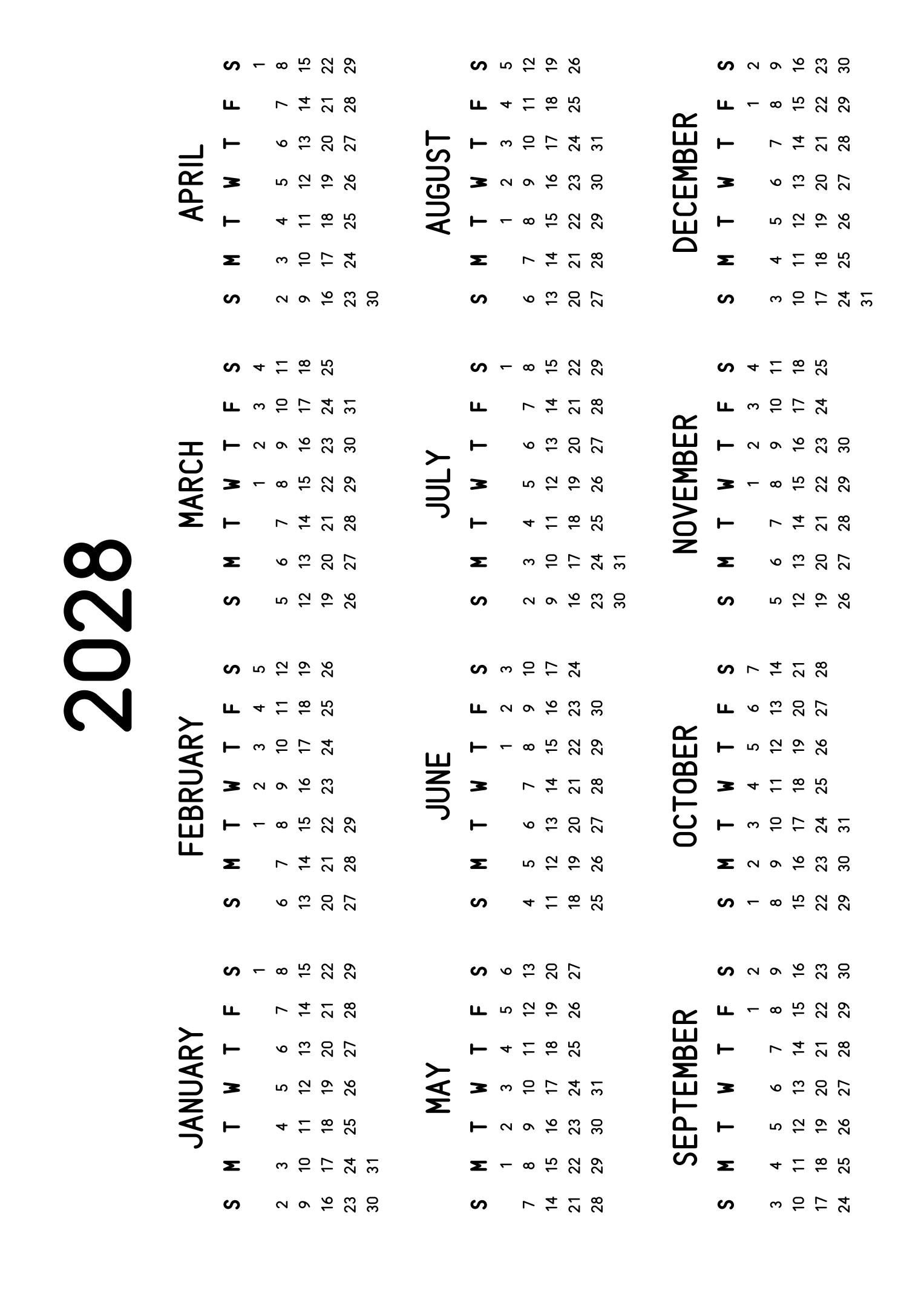 The twelve months of 2028 on one page, the dates set in clean rows, with no lines at all, four months across and three rows, read in landscape once the sheet is turned. Design: Classic, Horizontal.