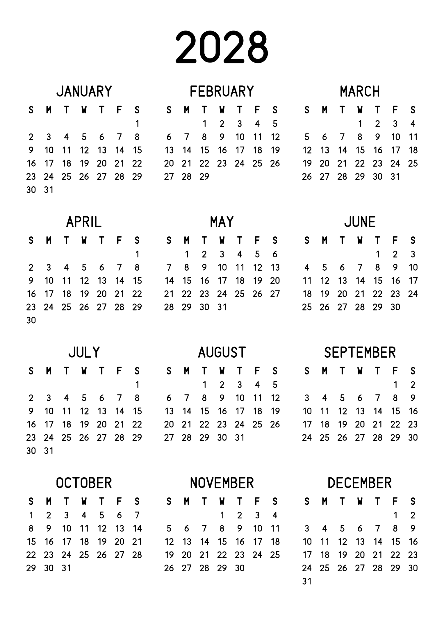 The twelve months of 2028 on one page, the dates set in clean rows, with no lines at all, three months across and four rows, read in portrait. Design: Classic, Vertical.