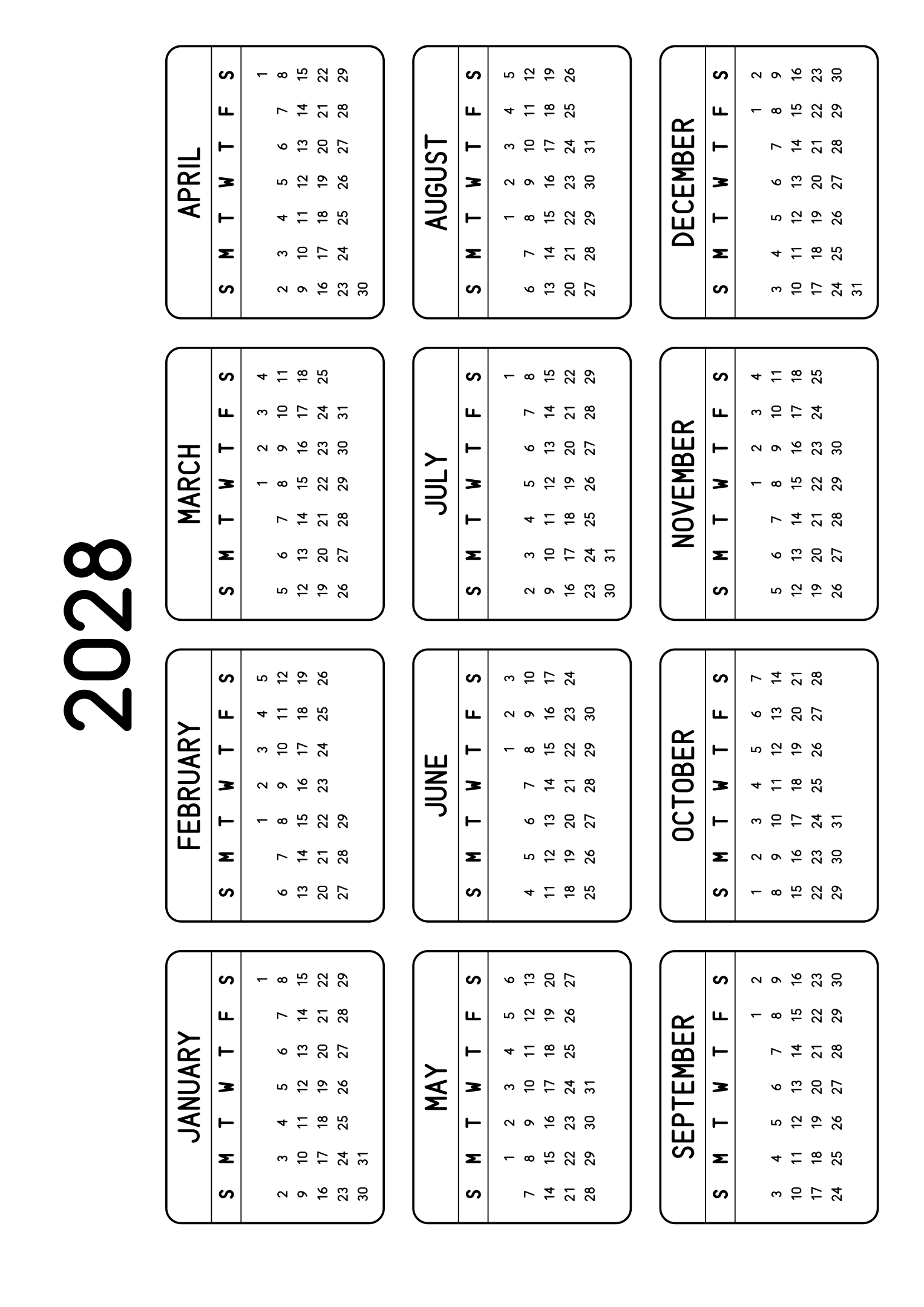 The twelve months of 2028 on one page, each month inside a rounded frame, four months across and three rows, read in landscape once the sheet is turned. Design: Framed, Horizontal.