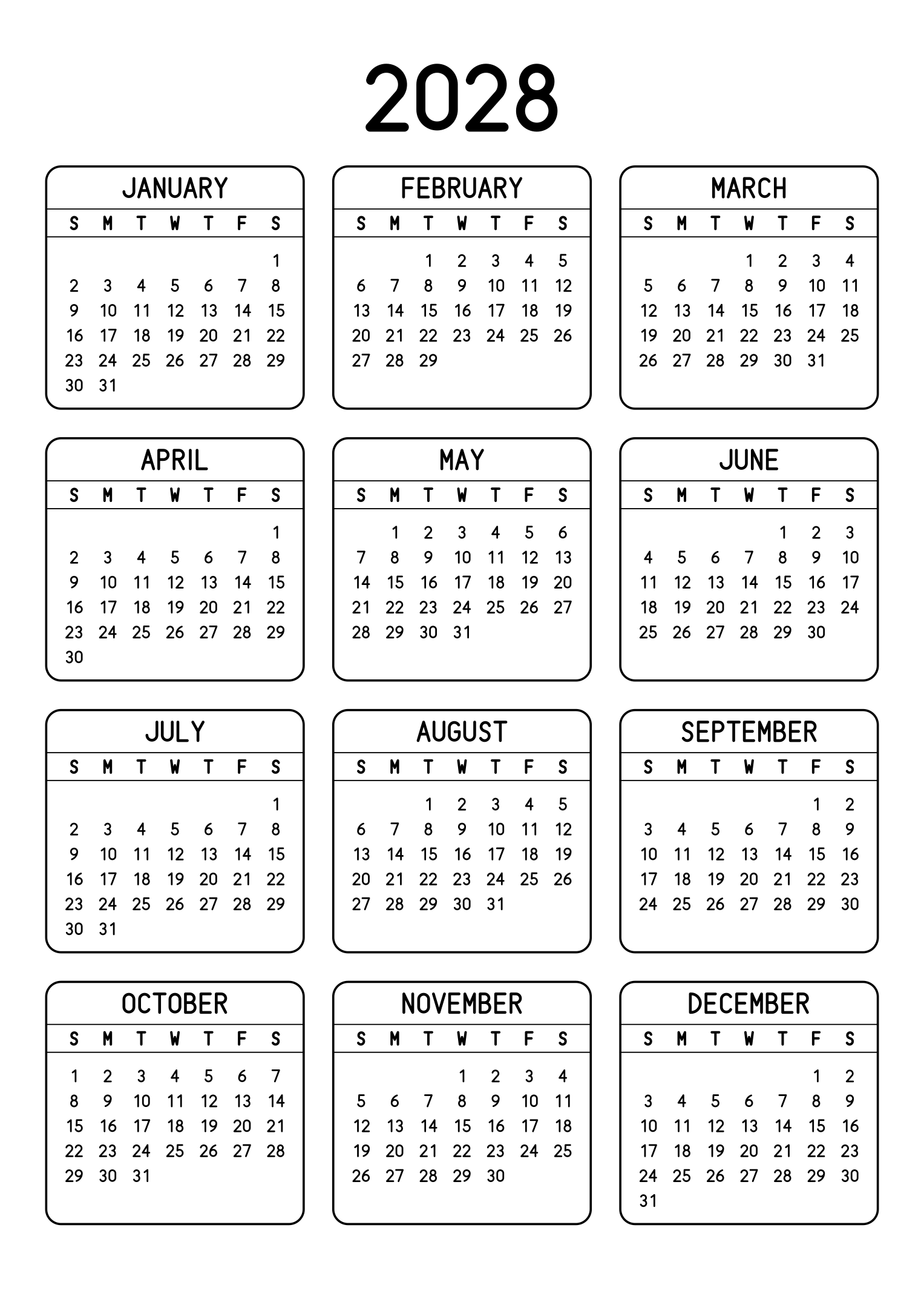 The twelve months of 2028 on one page, each month inside a rounded frame, three months across and four rows, read in portrait. Design: Framed, Vertical.