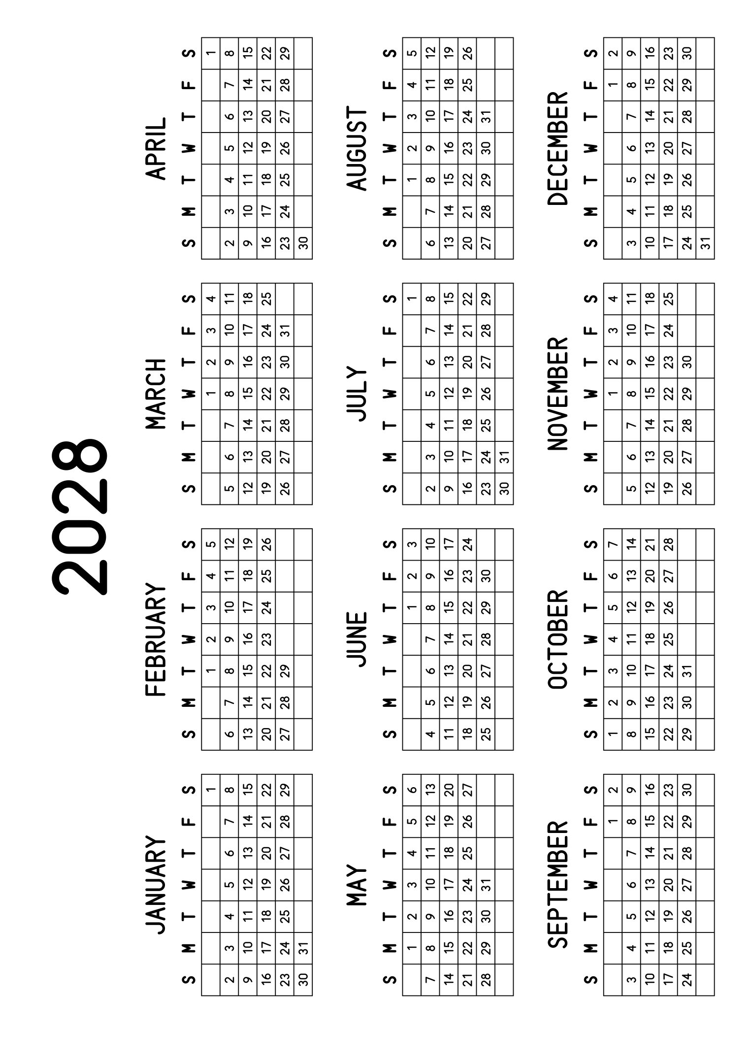 The twelve months of 2028 on one page, every day in its own cell, the weeks drawn as a grid, four months across and three rows, read in landscape once the sheet is turned. Design: Grid, Horizontal.