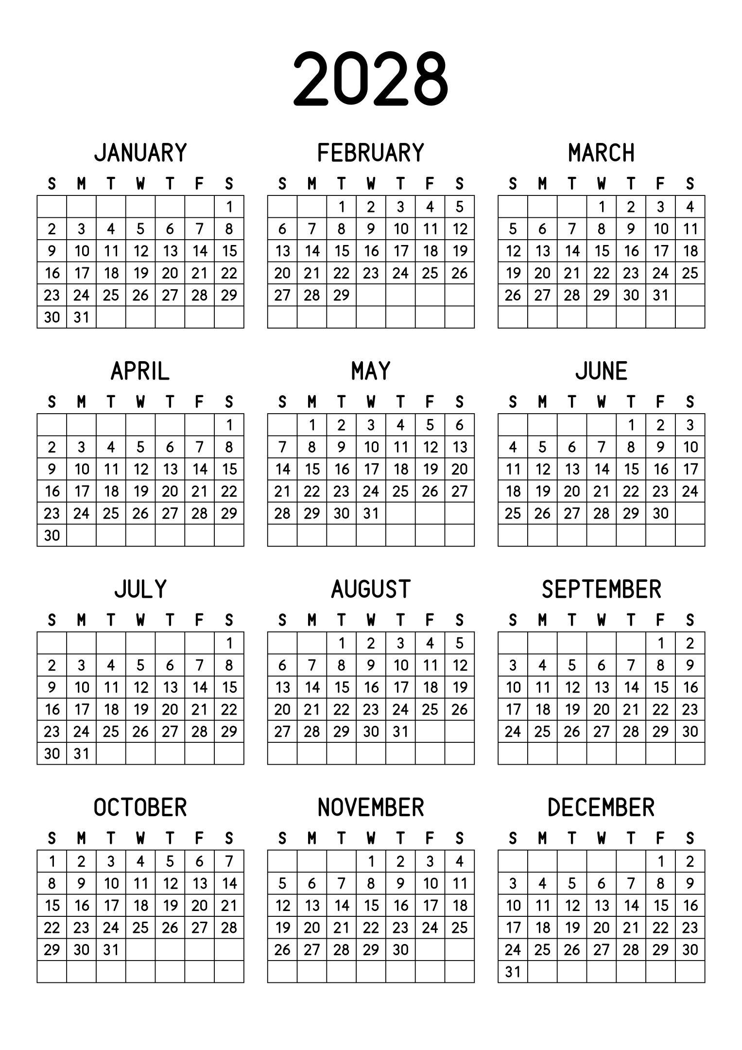 The twelve months of 2028 on one page, every day in its own cell, the weeks drawn as a grid, three months across and four rows, read in portrait. Design: Grid, Vertical.