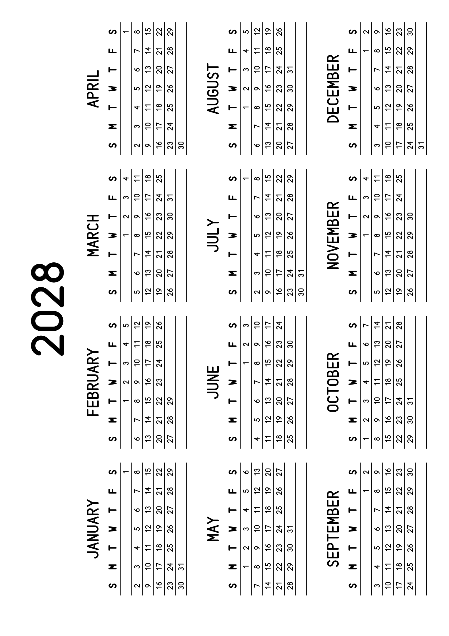 The twelve months of 2028 on one page, a fine line under each week, like a planner, four months across and three rows, read in landscape once the sheet is turned. Design: Lined, Horizontal.