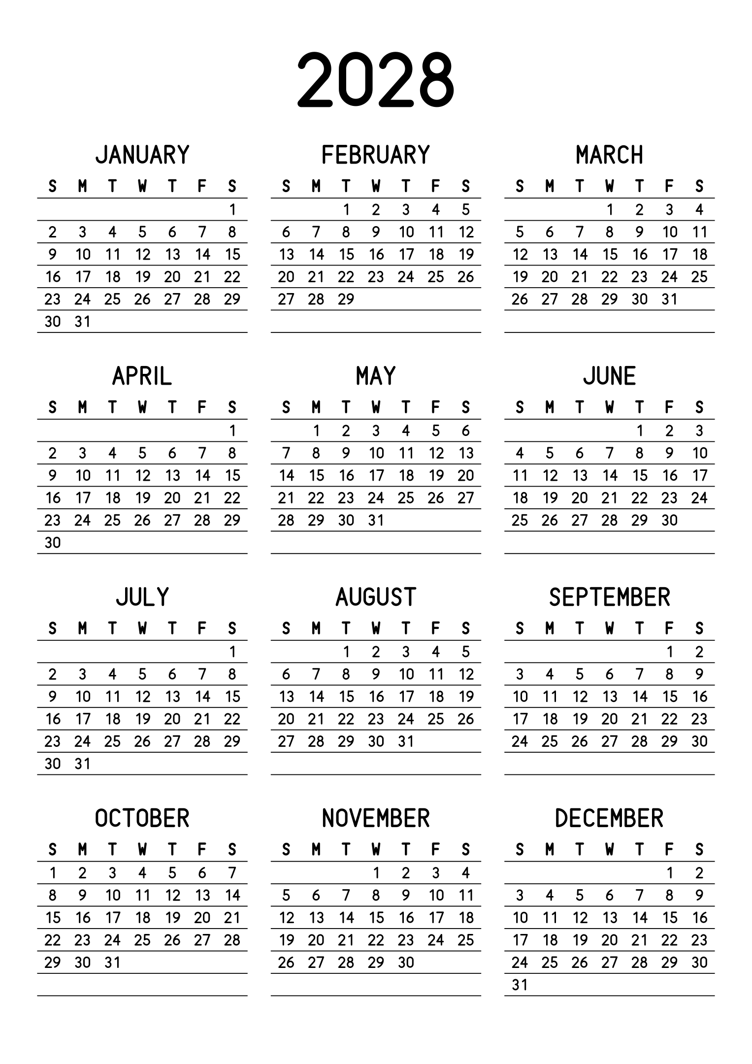 The twelve months of 2028 on one page, a fine line under each week, like a planner, three months across and four rows, read in portrait. Design: Lined, Vertical.