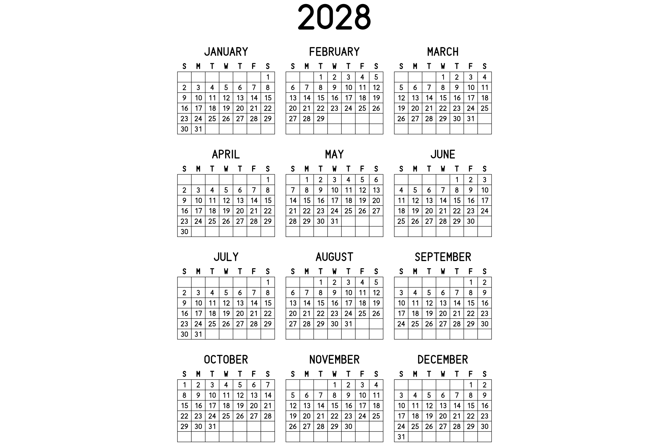 A printable 2028 calendar with the twelve months on one page, in black and white.