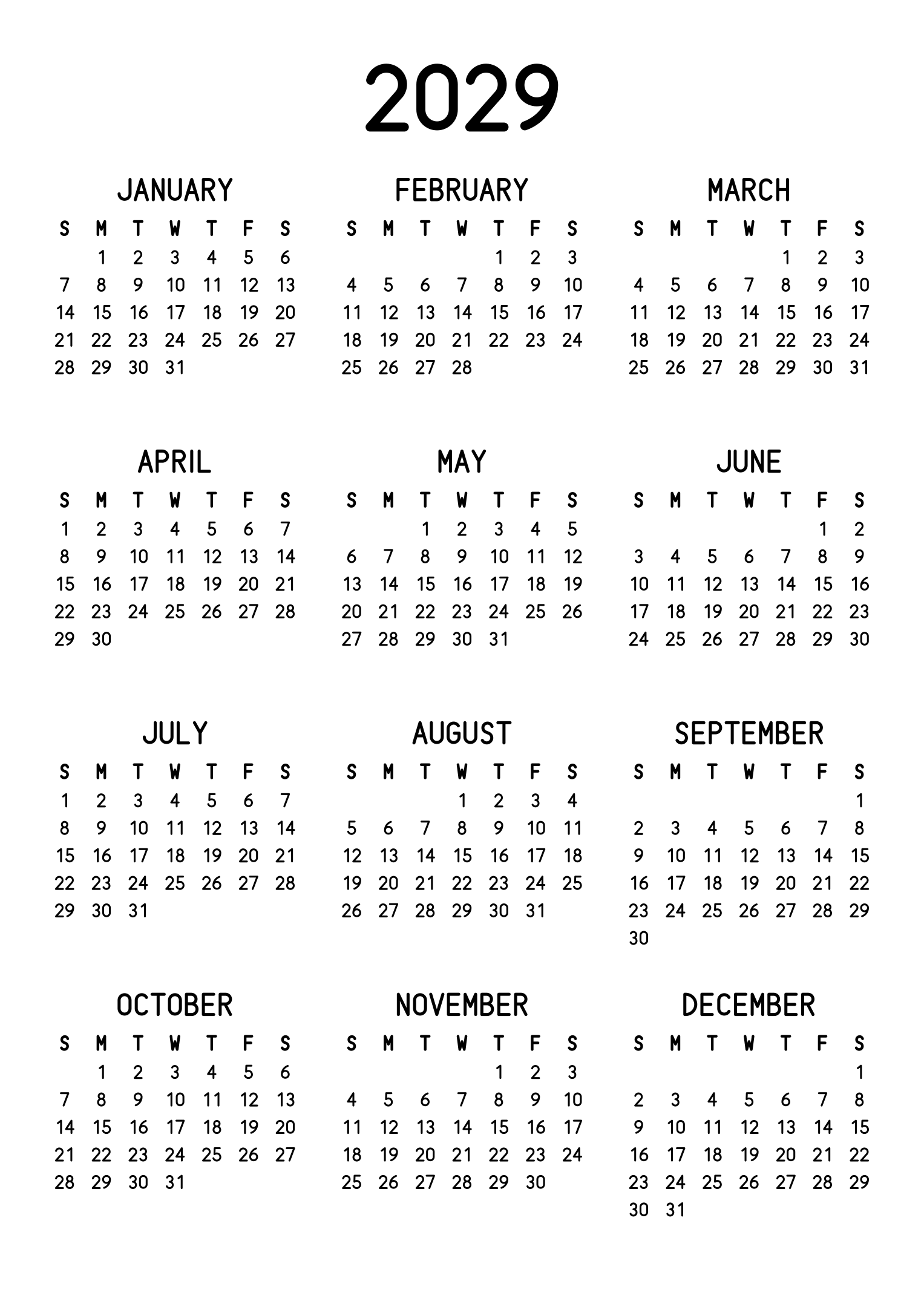 The twelve months of 2029 on one page, the dates set in clean rows, with no lines at all, three months across and four rows, read in portrait. Design: Classic, Vertical.