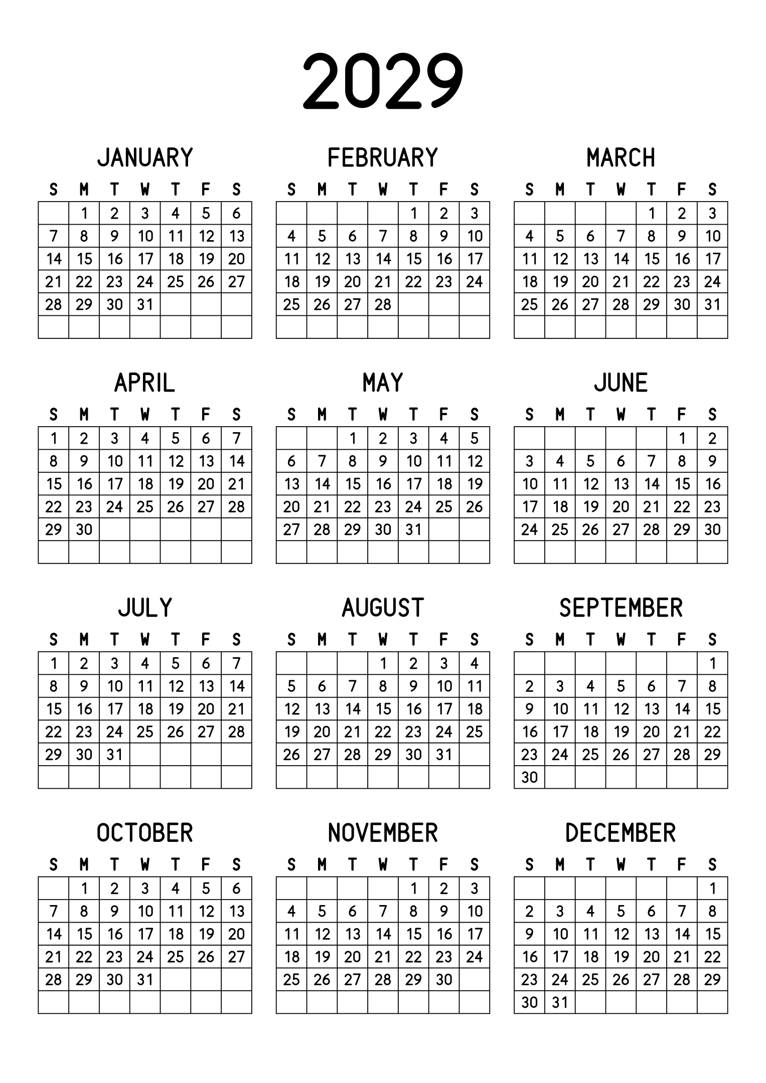 The twelve months of 2029 on one page, every day in its own cell, the weeks drawn as a grid, three months across and four rows, read in portrait. Design: Grid, Vertical.