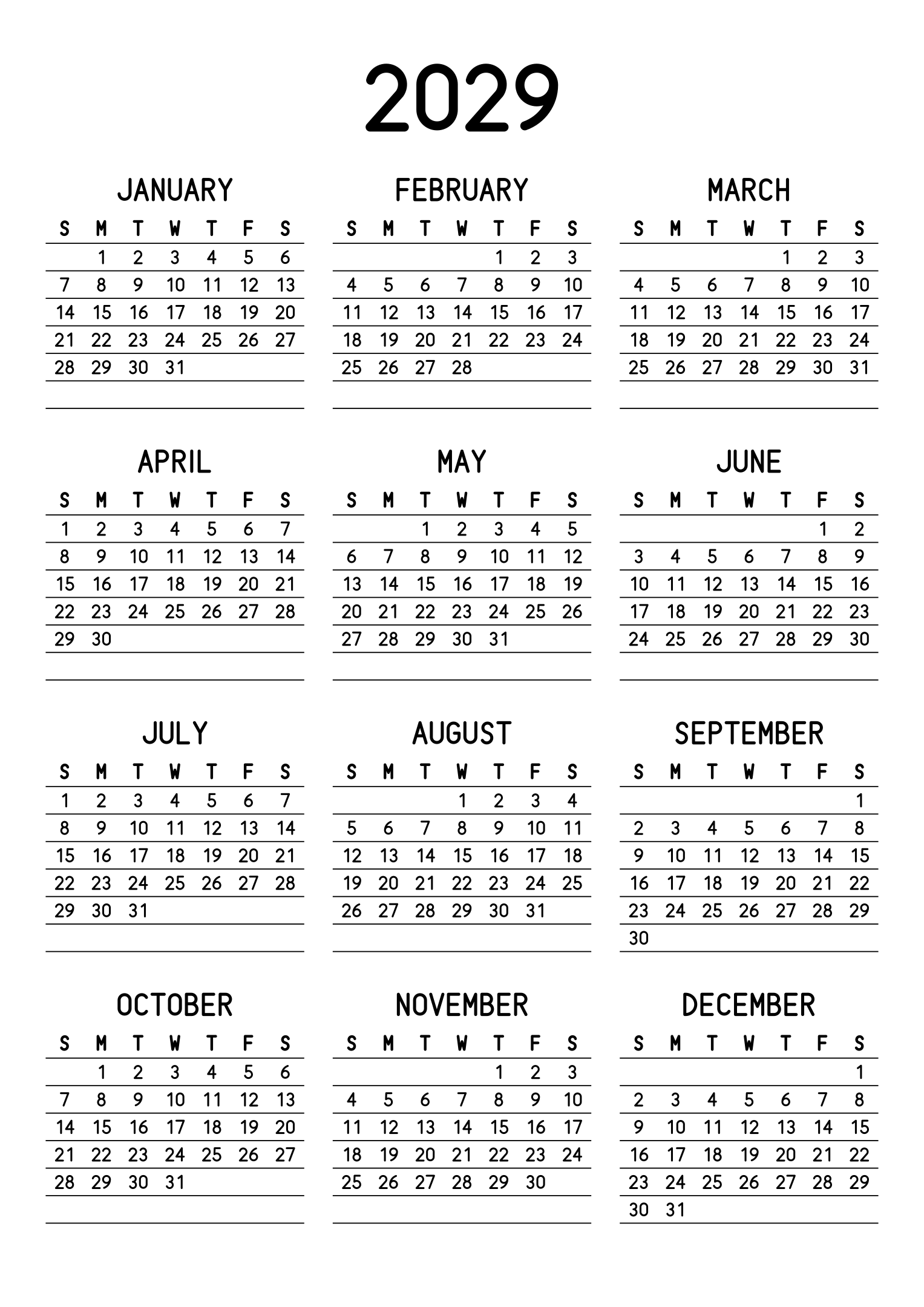 The twelve months of 2029 on one page, a fine line under each week, like a planner, three months across and four rows, read in portrait. Design: Lined, Vertical.