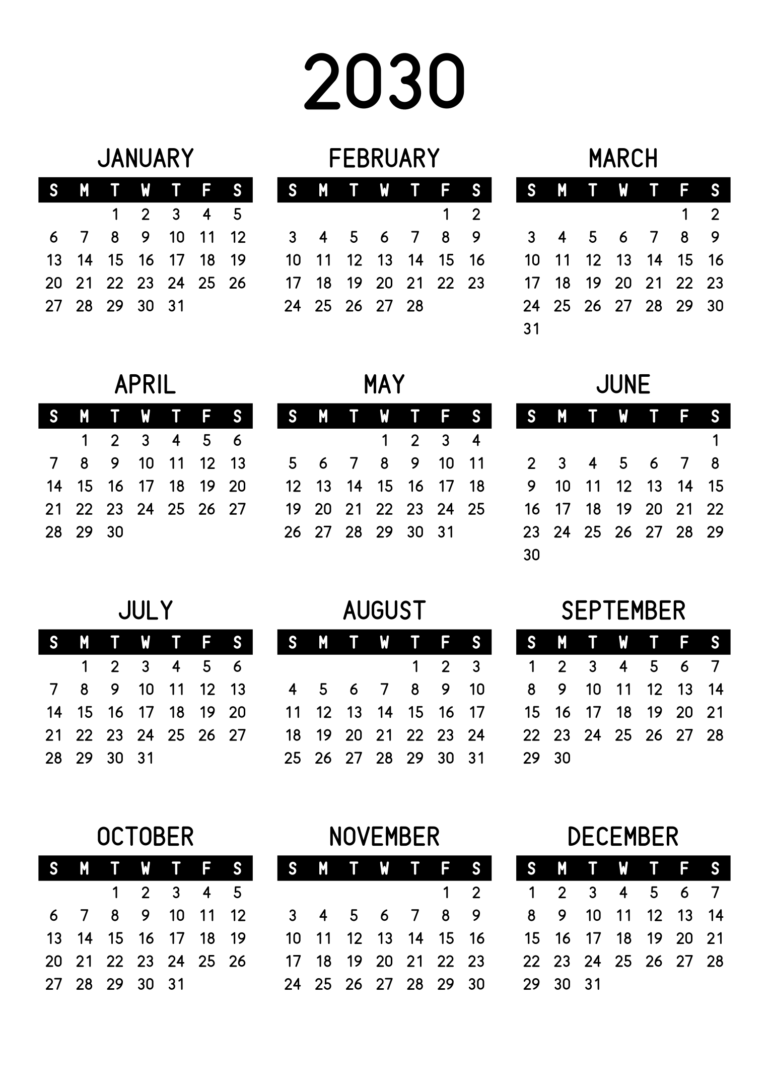 The twelve months of 2030 on one page, the days of the week in white on a black band, three months across and four rows, read in portrait. Design: Banded, Vertical.