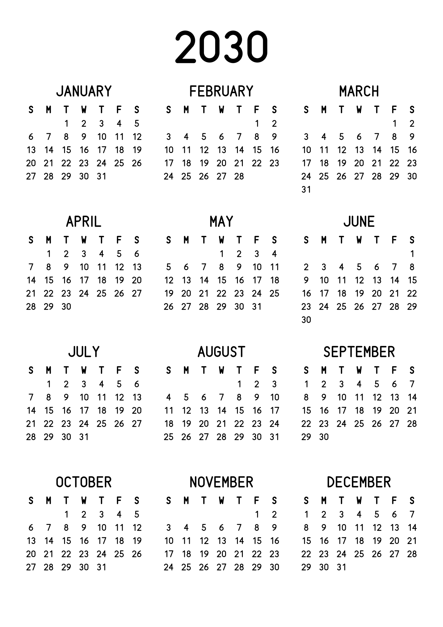 The twelve months of 2030 on one page, the dates set in clean rows, with no lines at all, three months across and four rows, read in portrait. Design: Classic, Vertical.