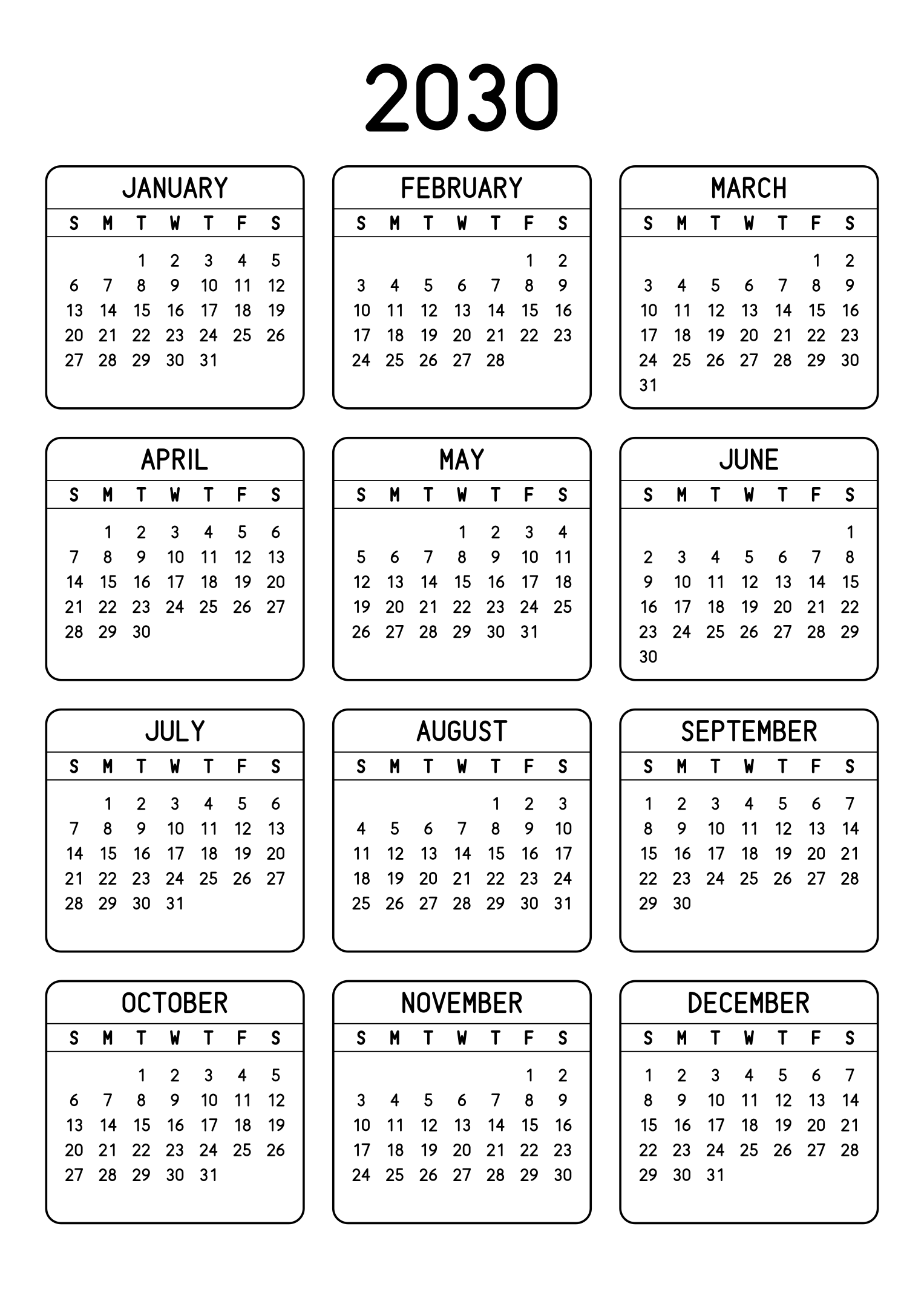 The twelve months of 2030 on one page, each month inside a rounded frame, three months across and four rows, read in portrait. Design: Framed, Vertical.