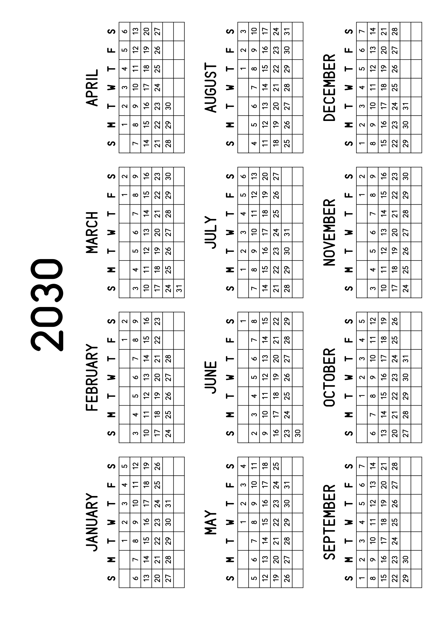 The twelve months of 2030 on one page, every day in its own cell, the weeks drawn as a grid, four months across and three rows, read in landscape once the sheet is turned. Design: Grid, Horizontal.