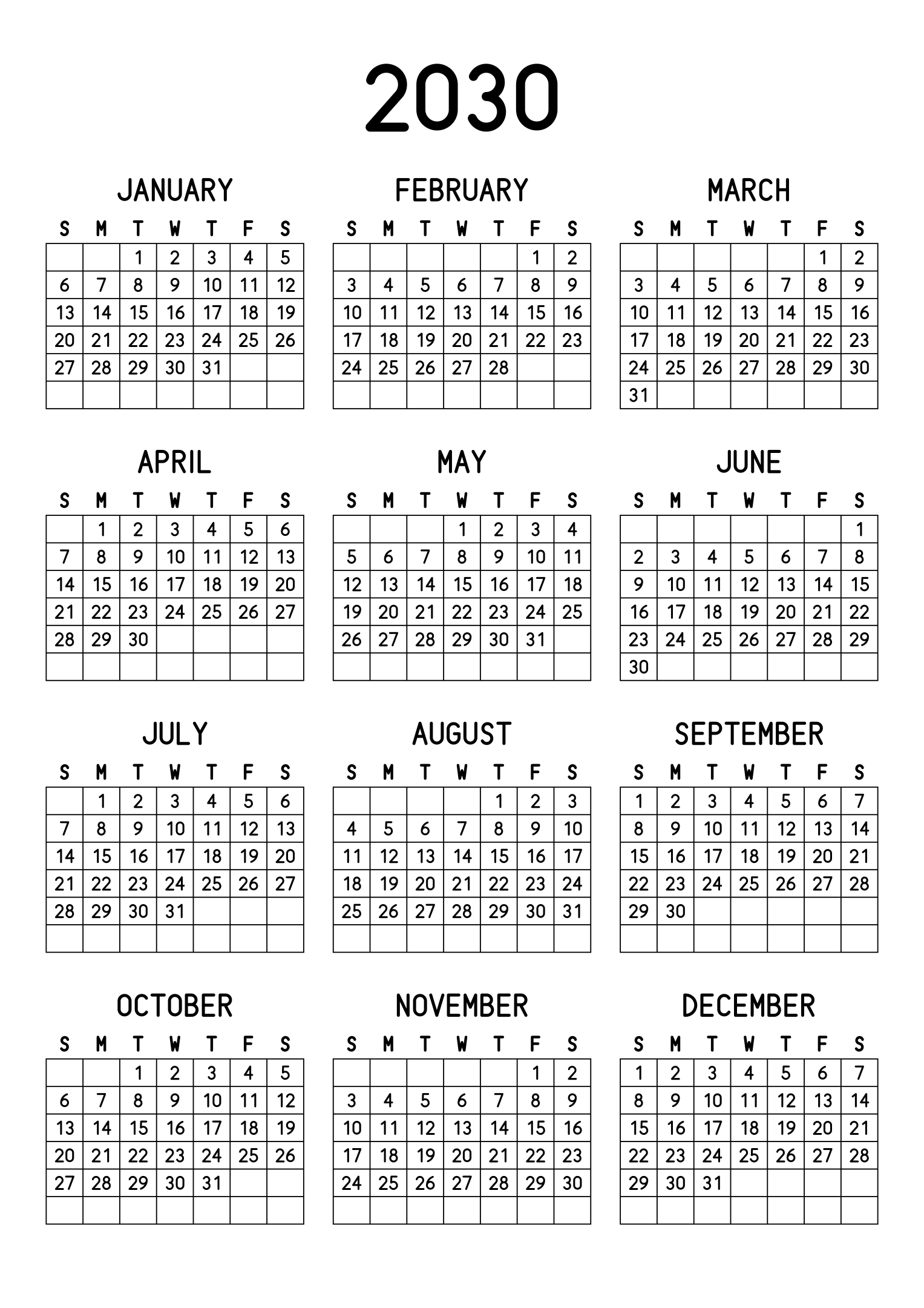 The twelve months of 2030 on one page, every day in its own cell, the weeks drawn as a grid, three months across and four rows, read in portrait. Design: Grid, Vertical.