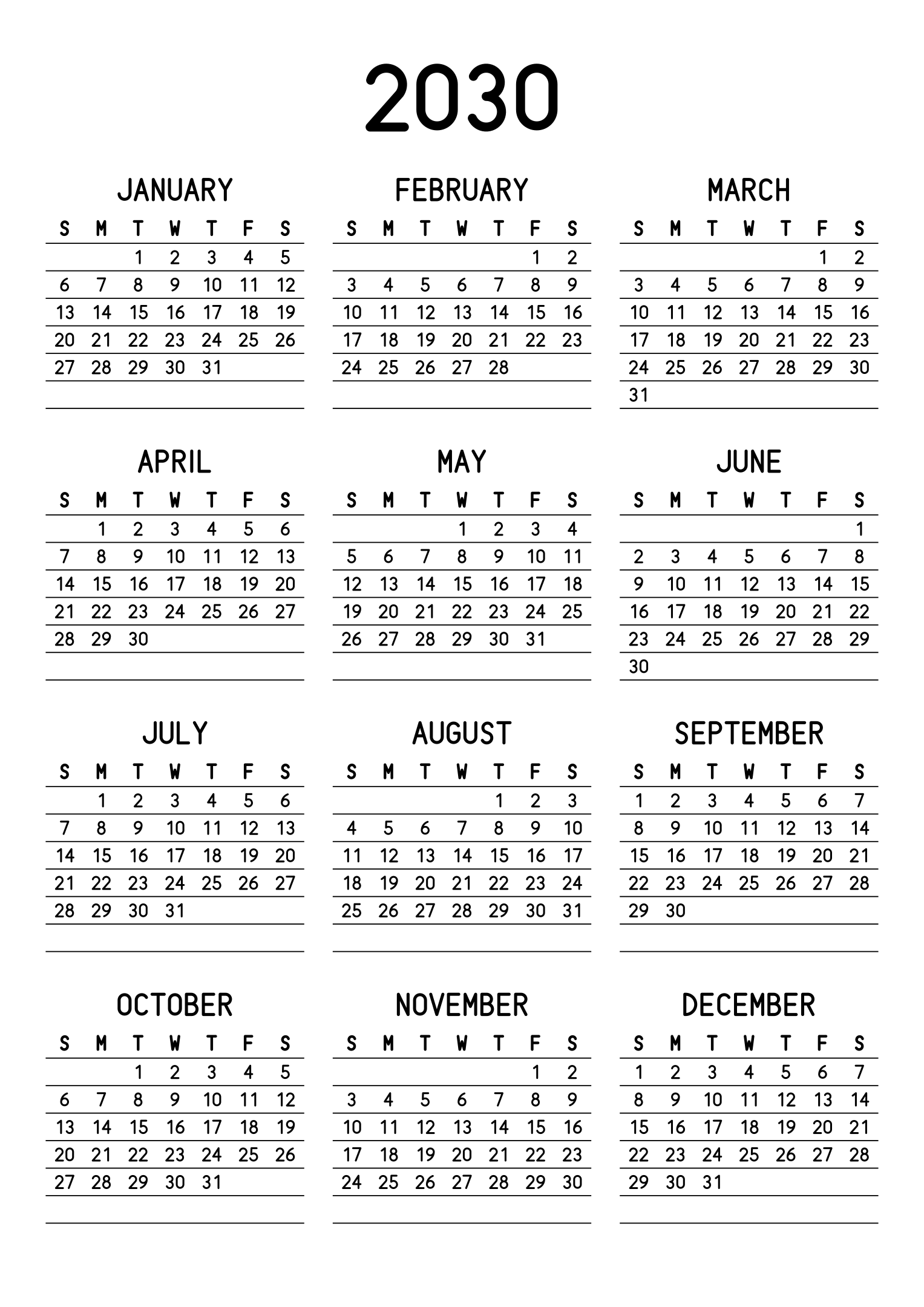The twelve months of 2030 on one page, a fine line under each week, like a planner, three months across and four rows, read in portrait. Design: Lined, Vertical.