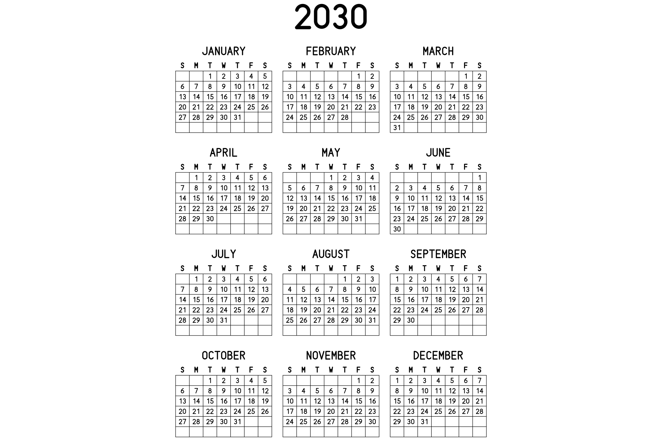 A printable 2030 calendar with the twelve months on one page, in black and white.