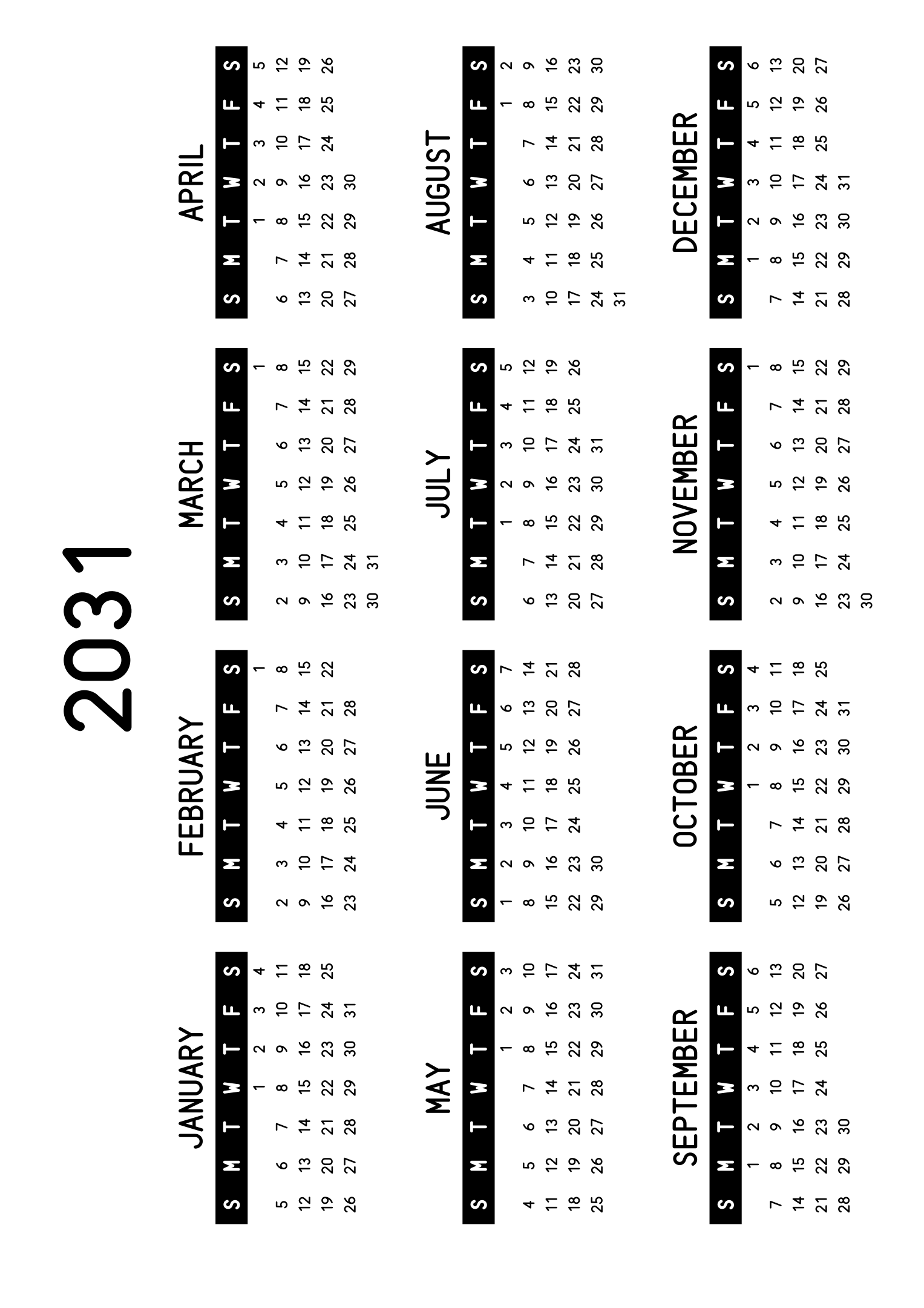 The twelve months of 2031 on one page, the days of the week in white on a black band, four months across and three rows, read in landscape once the sheet is turned. Design: Banded, Horizontal.