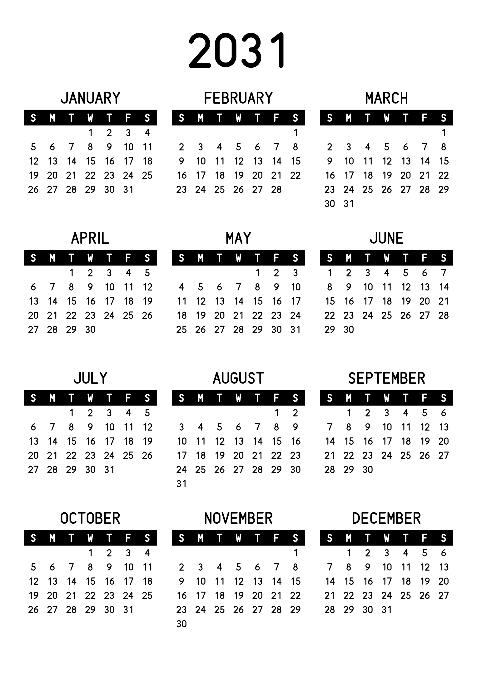 The twelve months of 2031 on one page, the days of the week in white on a black band, three months across and four rows, read in portrait. Design: Banded, Vertical.