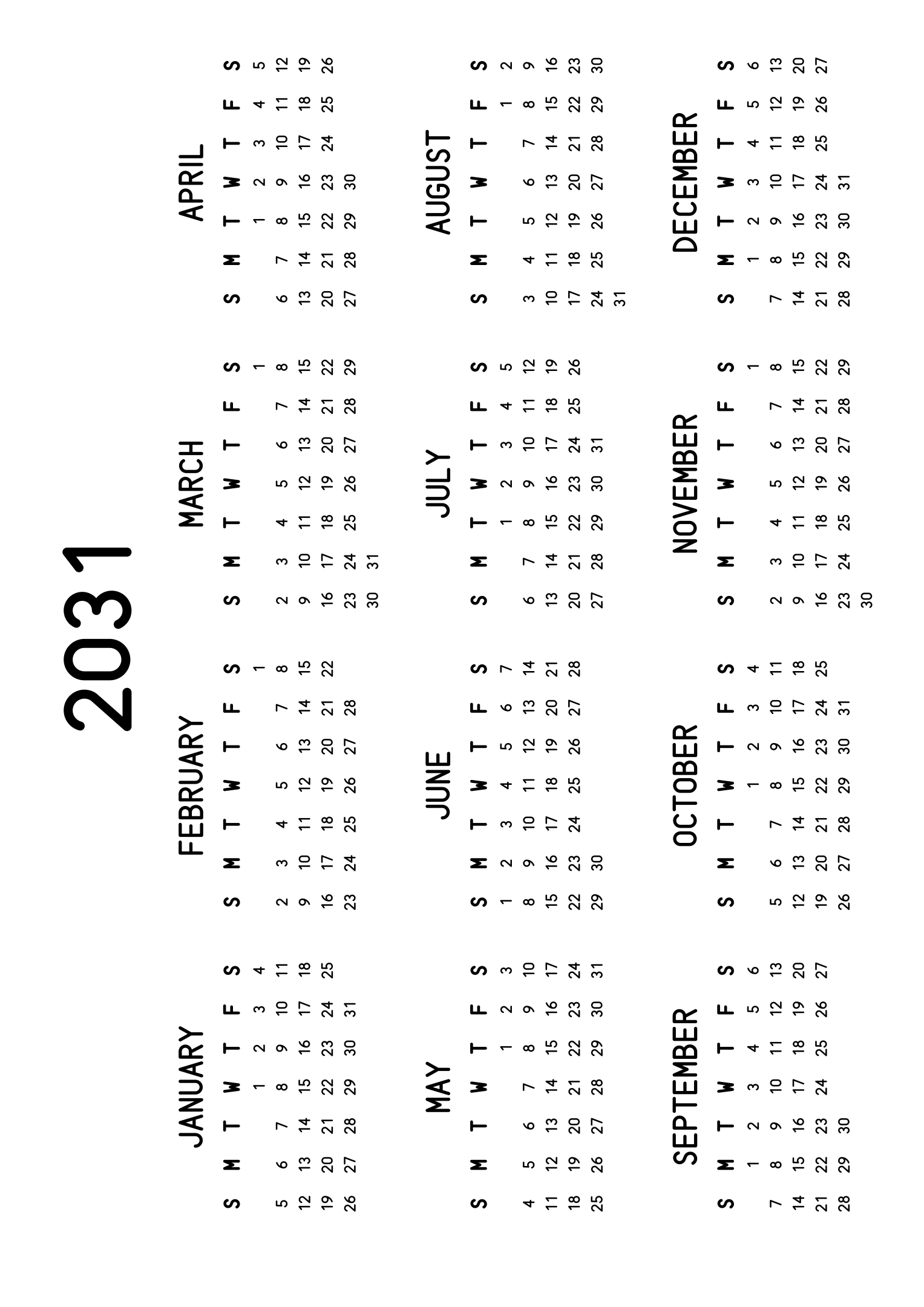 The twelve months of 2031 on one page, the dates set in clean rows, with no lines at all, four months across and three rows, read in landscape once the sheet is turned. Design: Classic, Horizontal.