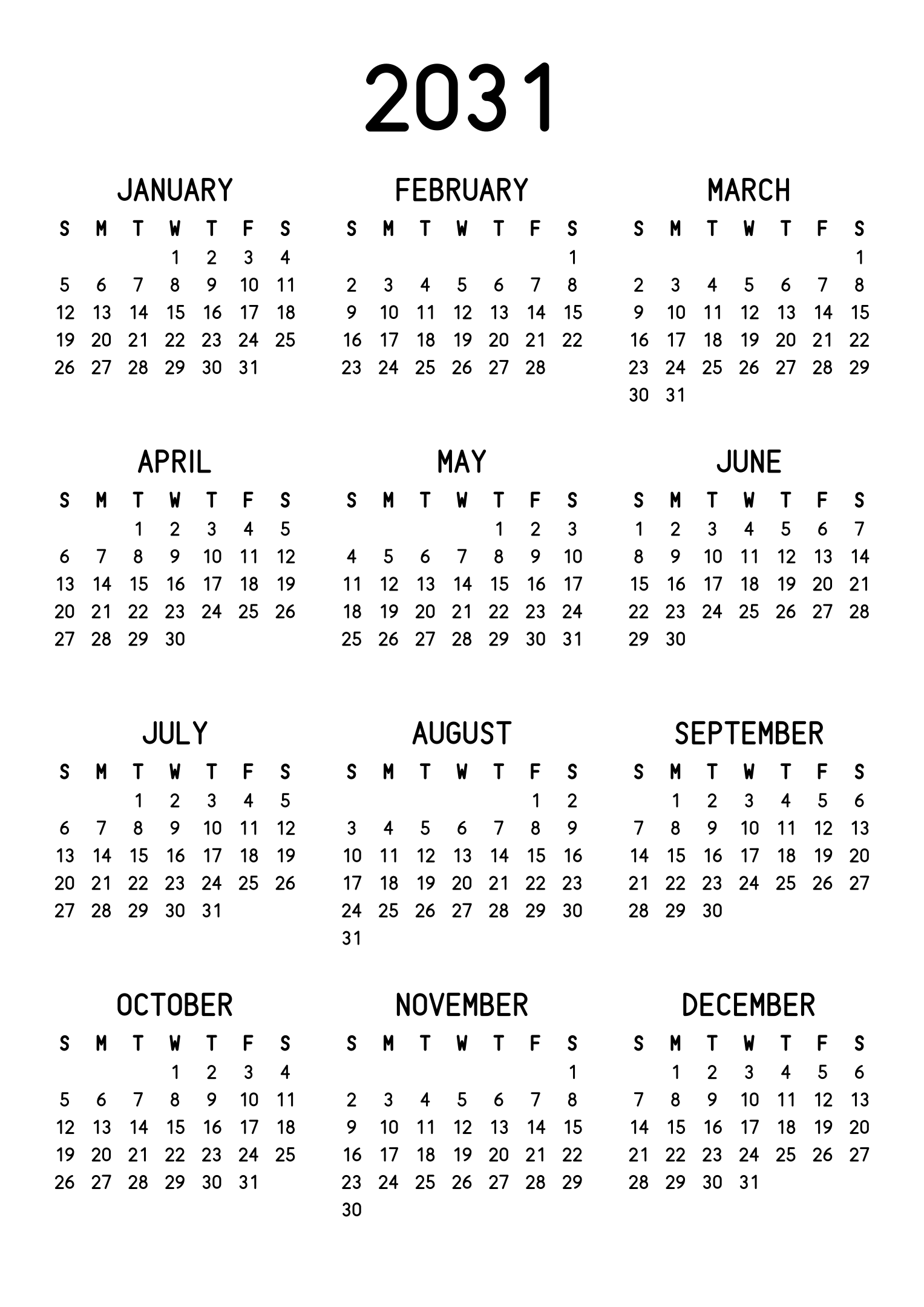 The twelve months of 2031 on one page, the dates set in clean rows, with no lines at all, three months across and four rows, read in portrait. Design: Classic, Vertical.