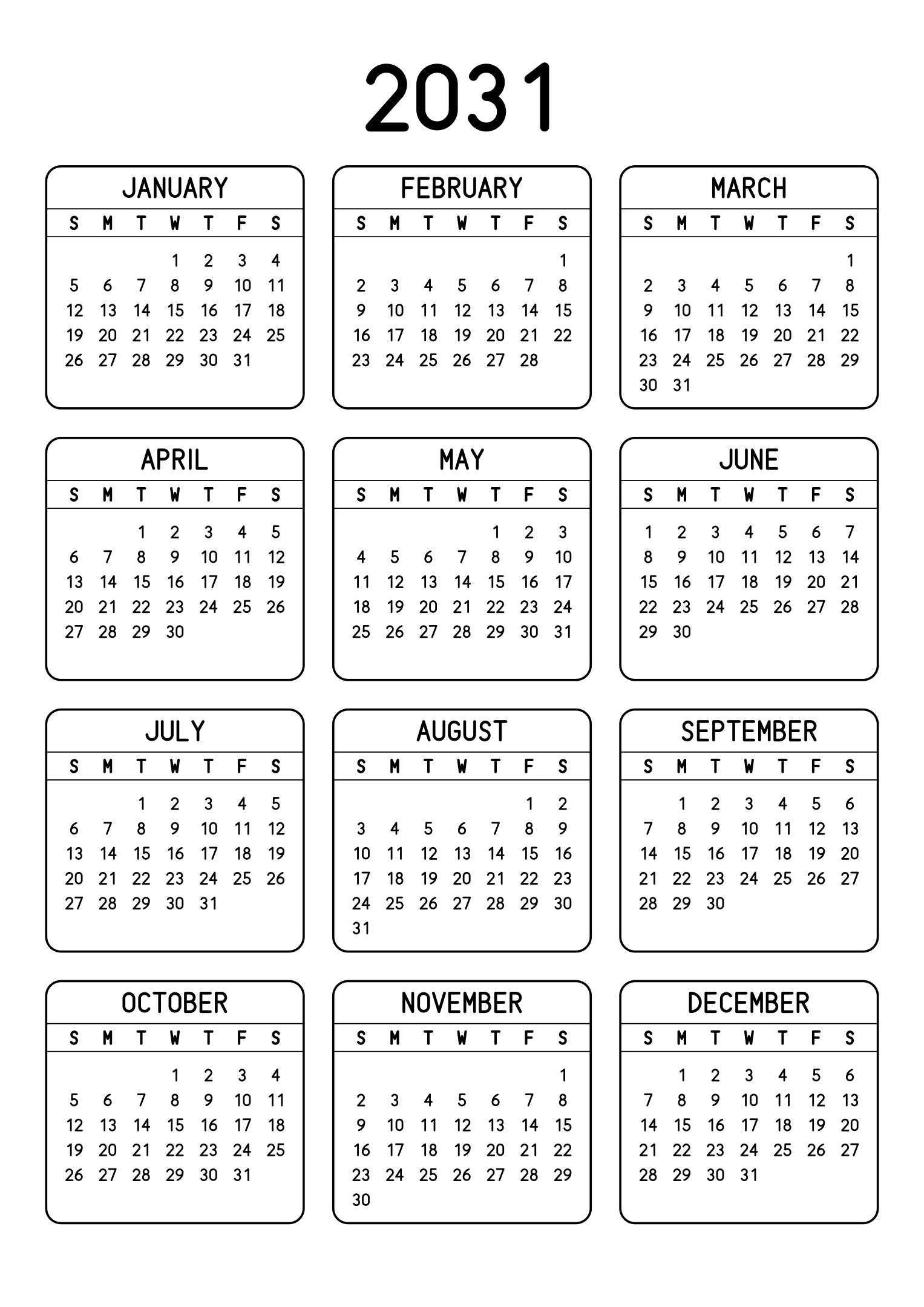 The twelve months of 2031 on one page, each month inside a rounded frame, three months across and four rows, read in portrait. Design: Framed, Vertical.