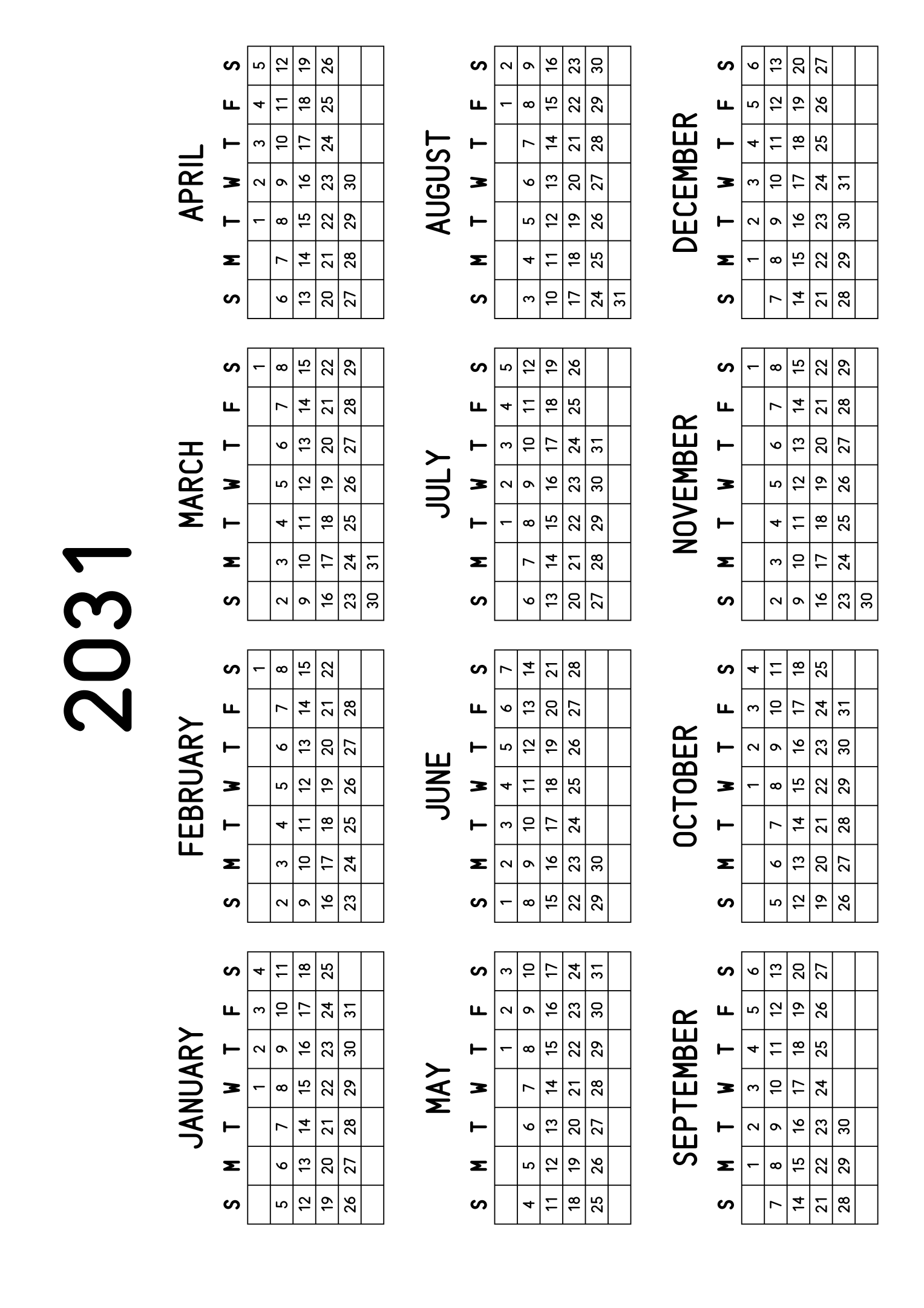 The twelve months of 2031 on one page, every day in its own cell, the weeks drawn as a grid, four months across and three rows, read in landscape once the sheet is turned. Design: Grid, Horizontal.