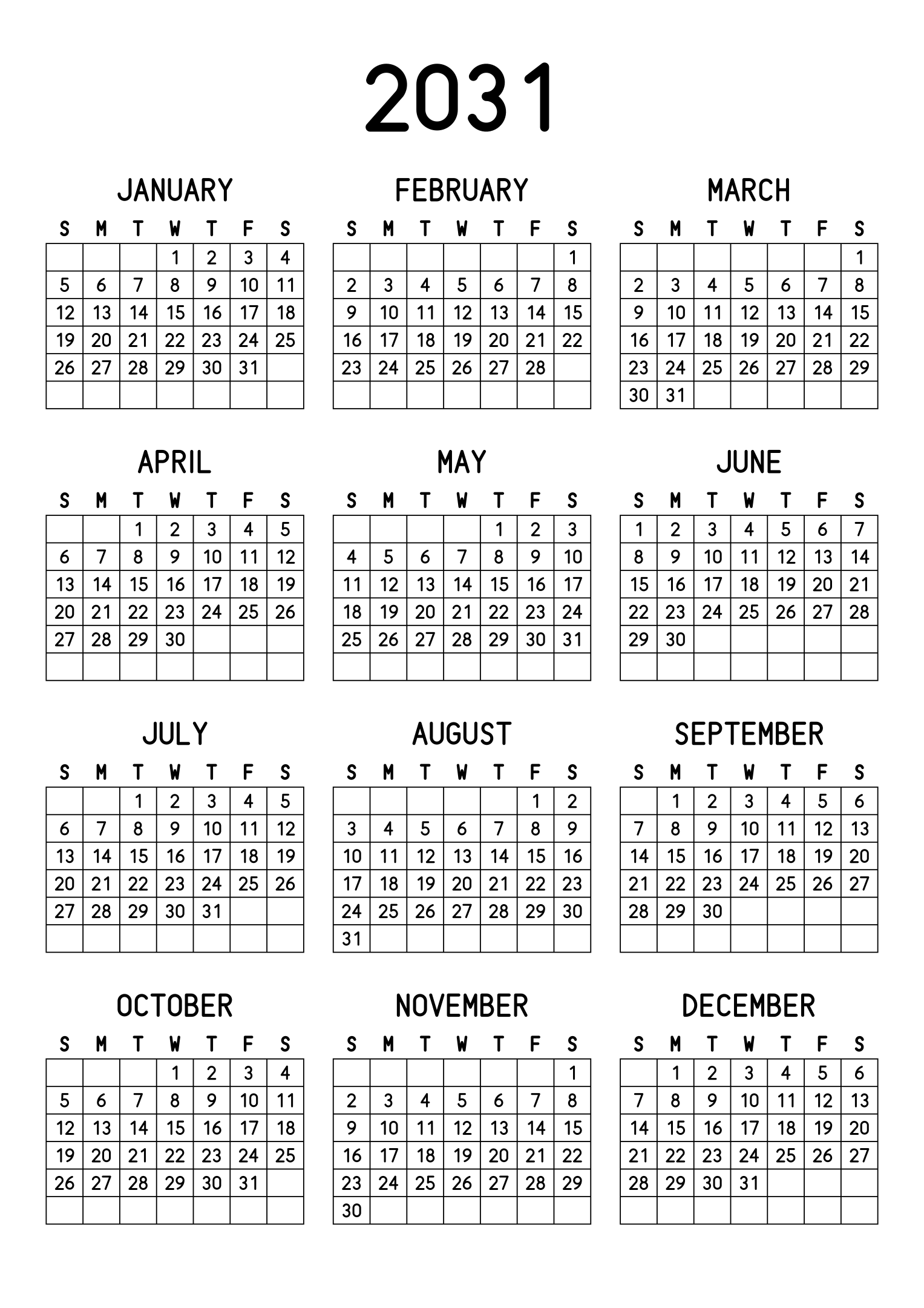 The twelve months of 2031 on one page, every day in its own cell, the weeks drawn as a grid, three months across and four rows, read in portrait. Design: Grid, Vertical.