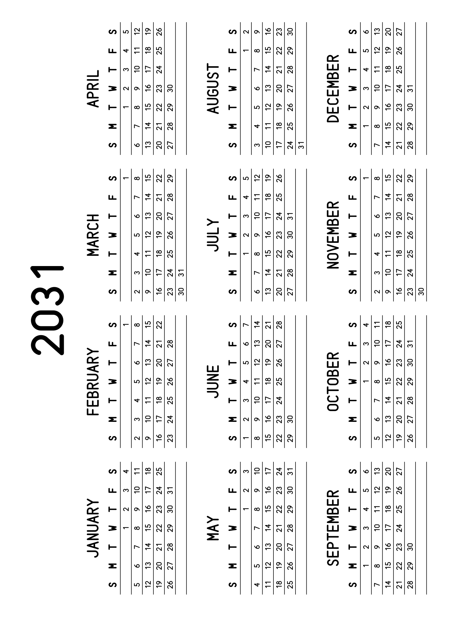 The twelve months of 2031 on one page, a fine line under each week, like a planner, four months across and three rows, read in landscape once the sheet is turned. Design: Lined, Horizontal.