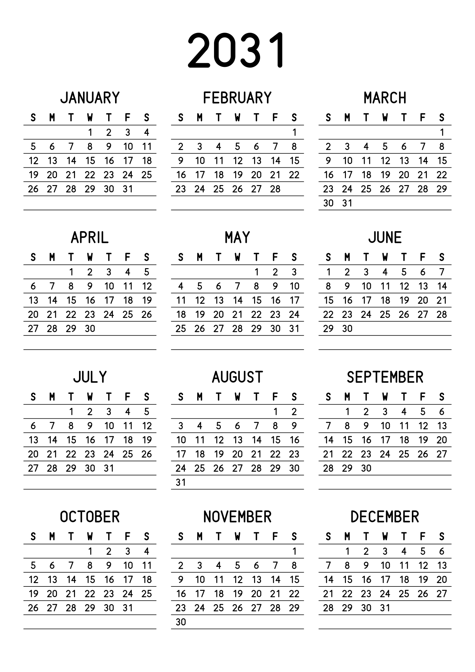 The twelve months of 2031 on one page, a fine line under each week, like a planner, three months across and four rows, read in portrait. Design: Lined, Vertical.