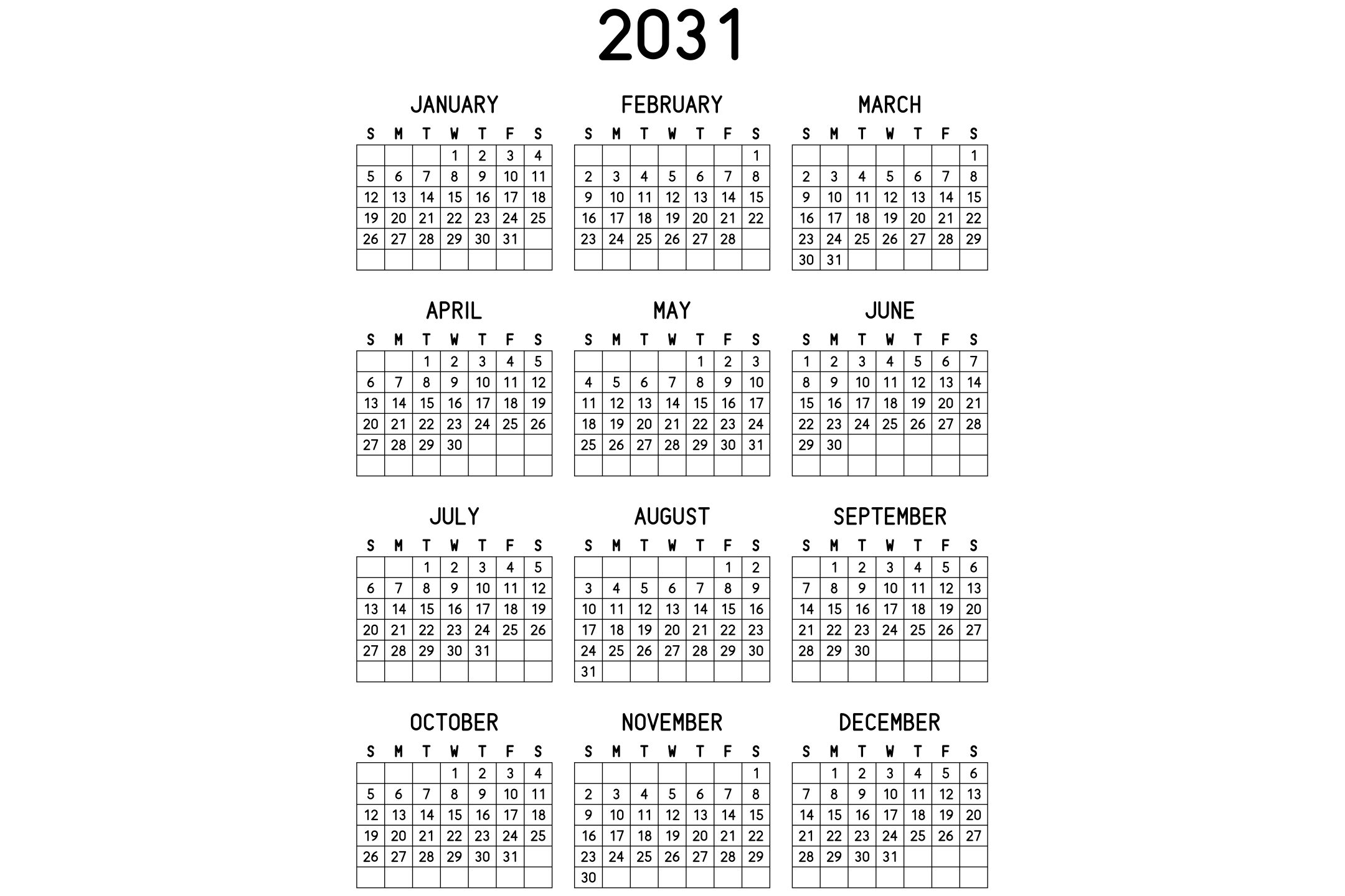 A printable 2031 calendar with the twelve months on one page, in black and white.