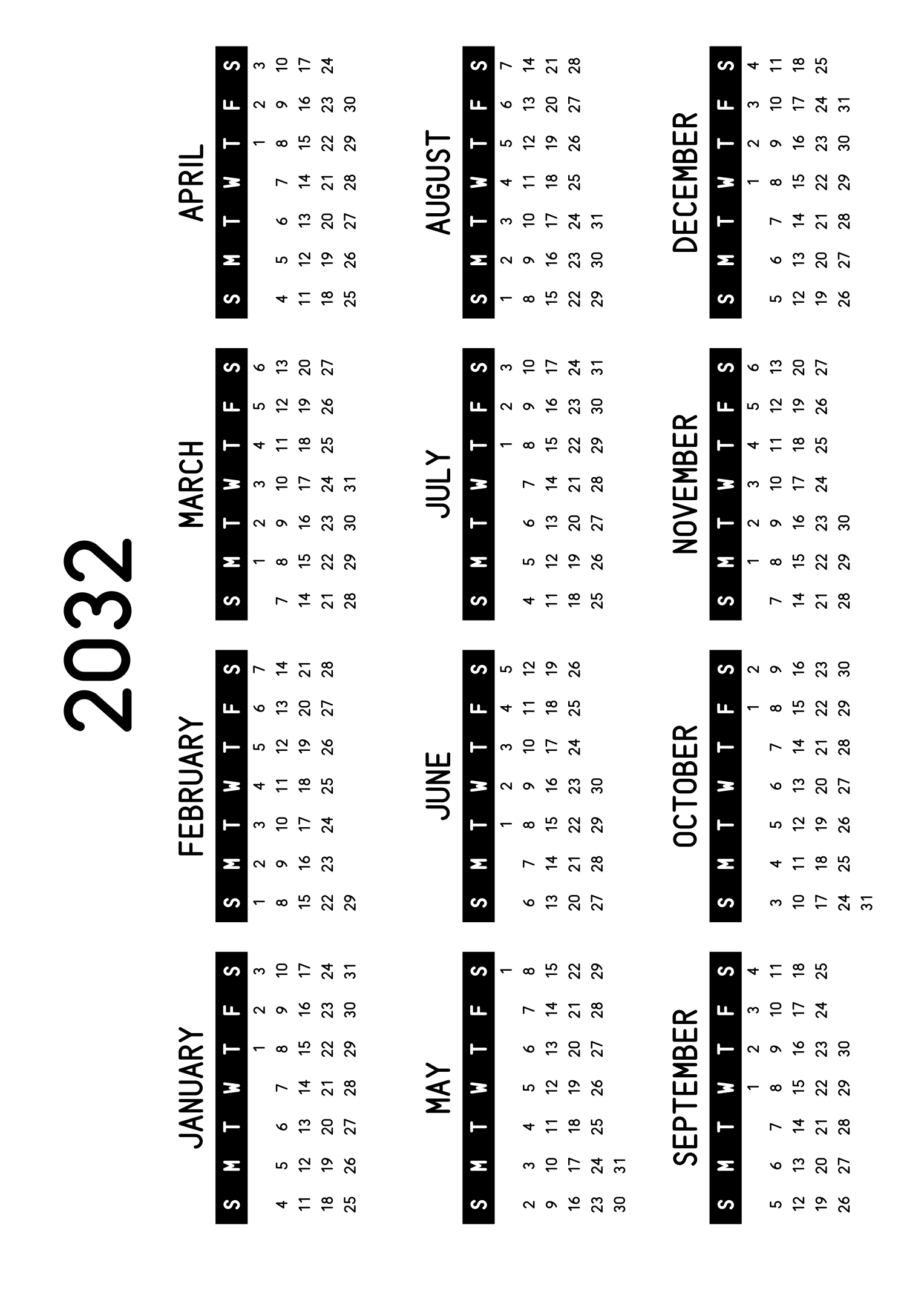 The twelve months of 2032 on one page, the days of the week in white on a black band, four months across and three rows, read in landscape once the sheet is turned. Design: Banded, Horizontal.