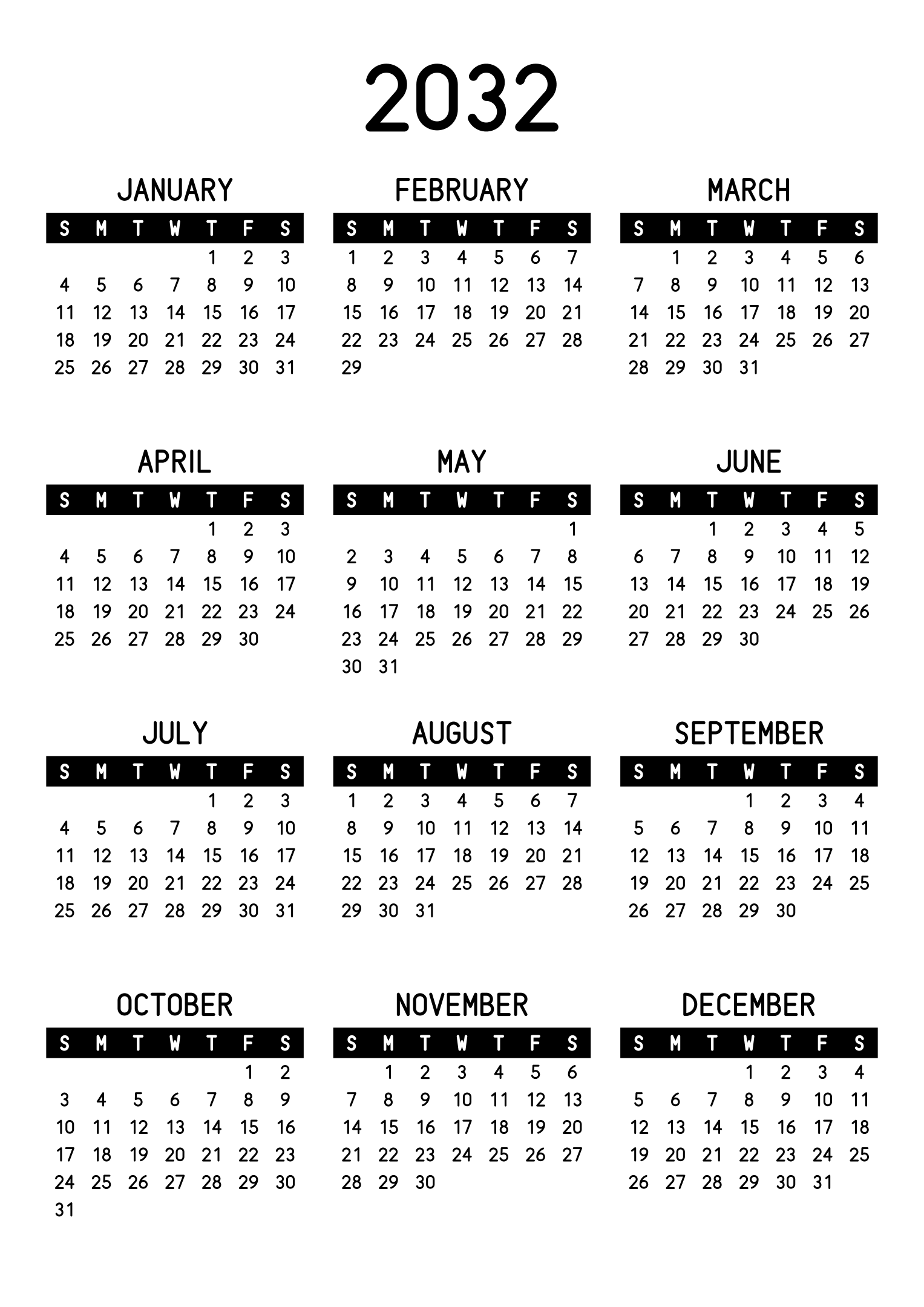 The twelve months of 2032 on one page, the days of the week in white on a black band, three months across and four rows, read in portrait. Design: Banded, Vertical.