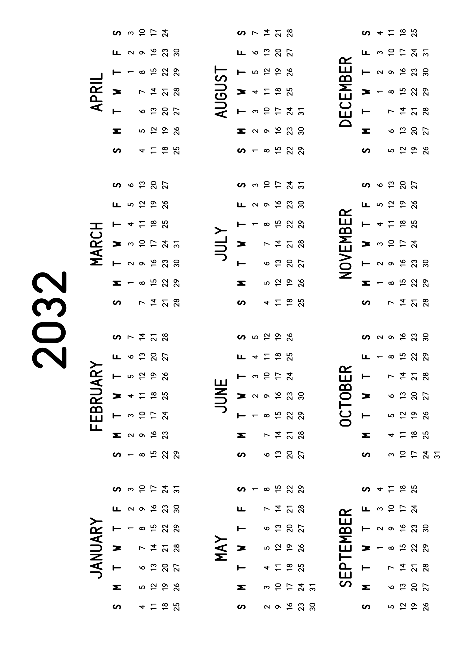 The twelve months of 2032 on one page, the dates set in clean rows, with no lines at all, four months across and three rows, read in landscape once the sheet is turned. Design: Classic, Horizontal.