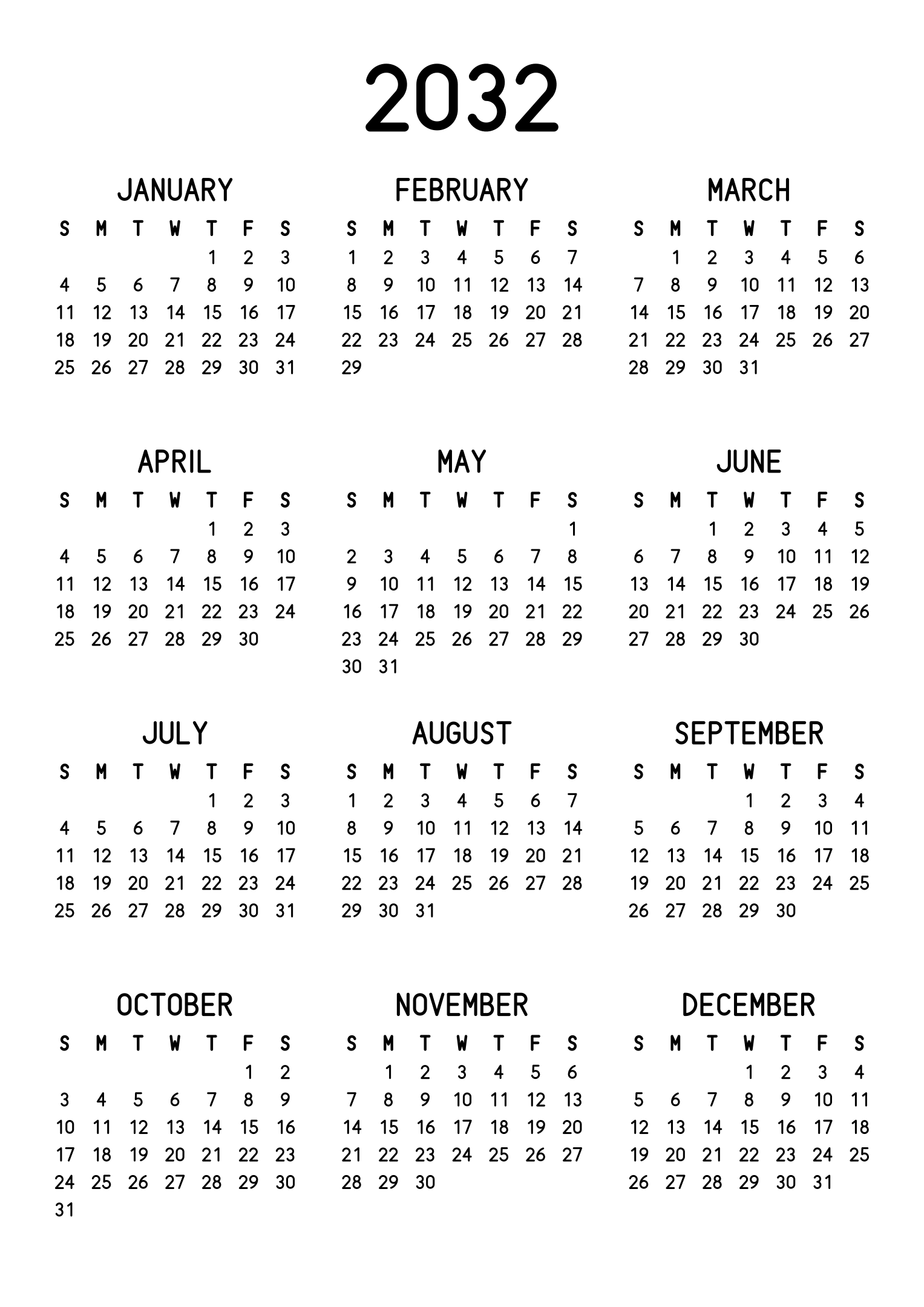 The twelve months of 2032 on one page, the dates set in clean rows, with no lines at all, three months across and four rows, read in portrait. Design: Classic, Vertical.